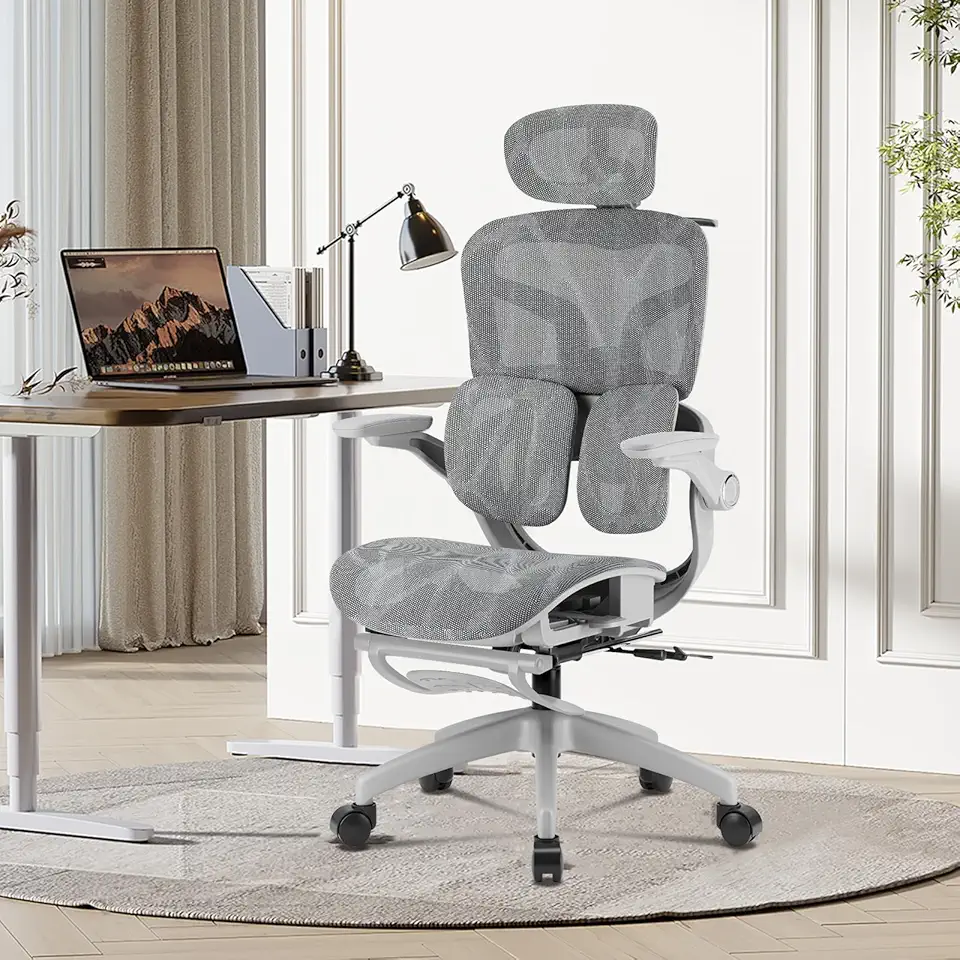Cadeira de Escritório Ergonômica,Duplo Apoio Lombar,Apoio para Pés Retrátil,Assento Air Cushion e Encosto Mesh Respirável,Reclinável até 135°,Perfeita para Casa e Escritório (Cinza)