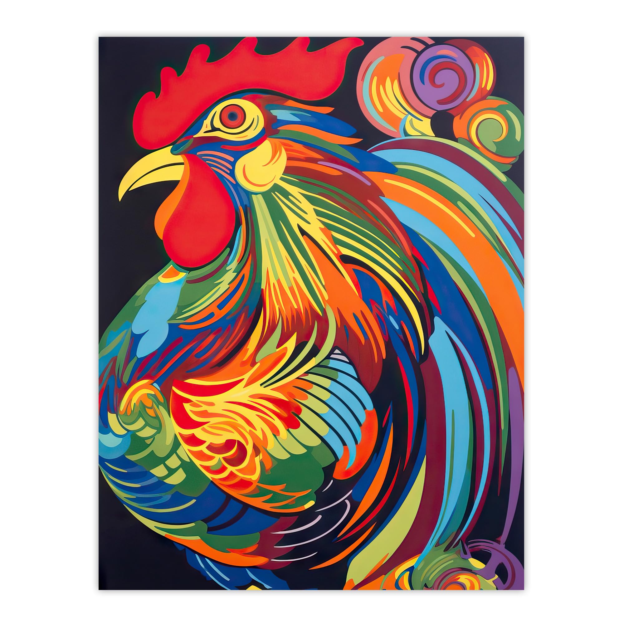 Artery8 Cockerel Rooster Chicken Hen Neon Colour Feathers Graphic Artwork Vibrant Bold Bright Colourful Painting Large Wall Art Poster Print Thick Paper 18X24 Inch