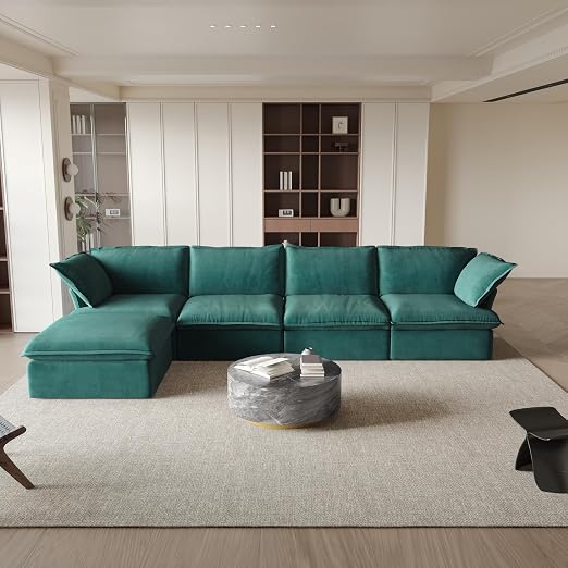 JACH U-Shaped Couches for Living Room, Convertible Sectional Sofa, Modern Deep Seat Soft Cloud Couch, Modular Sectional Sofas with Two Ottomans for Living Room, Apartment (Green)