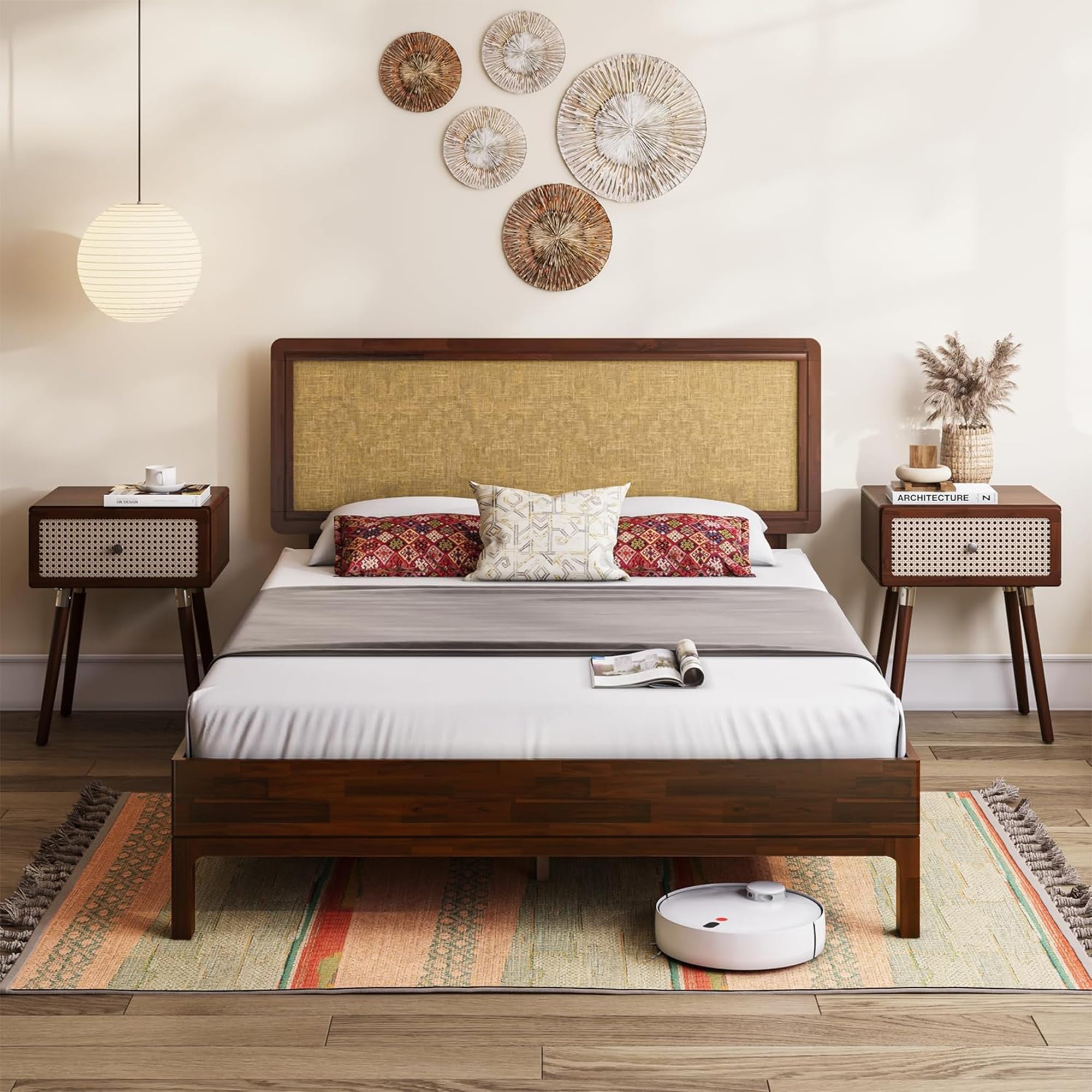 Bme Nipe Full 14 Inch Bohemian Bed Frame with Adjustable Wicker Headboard - Rustic & Vintage Unique Style with Acacia Wood - No Box Spring Needed -