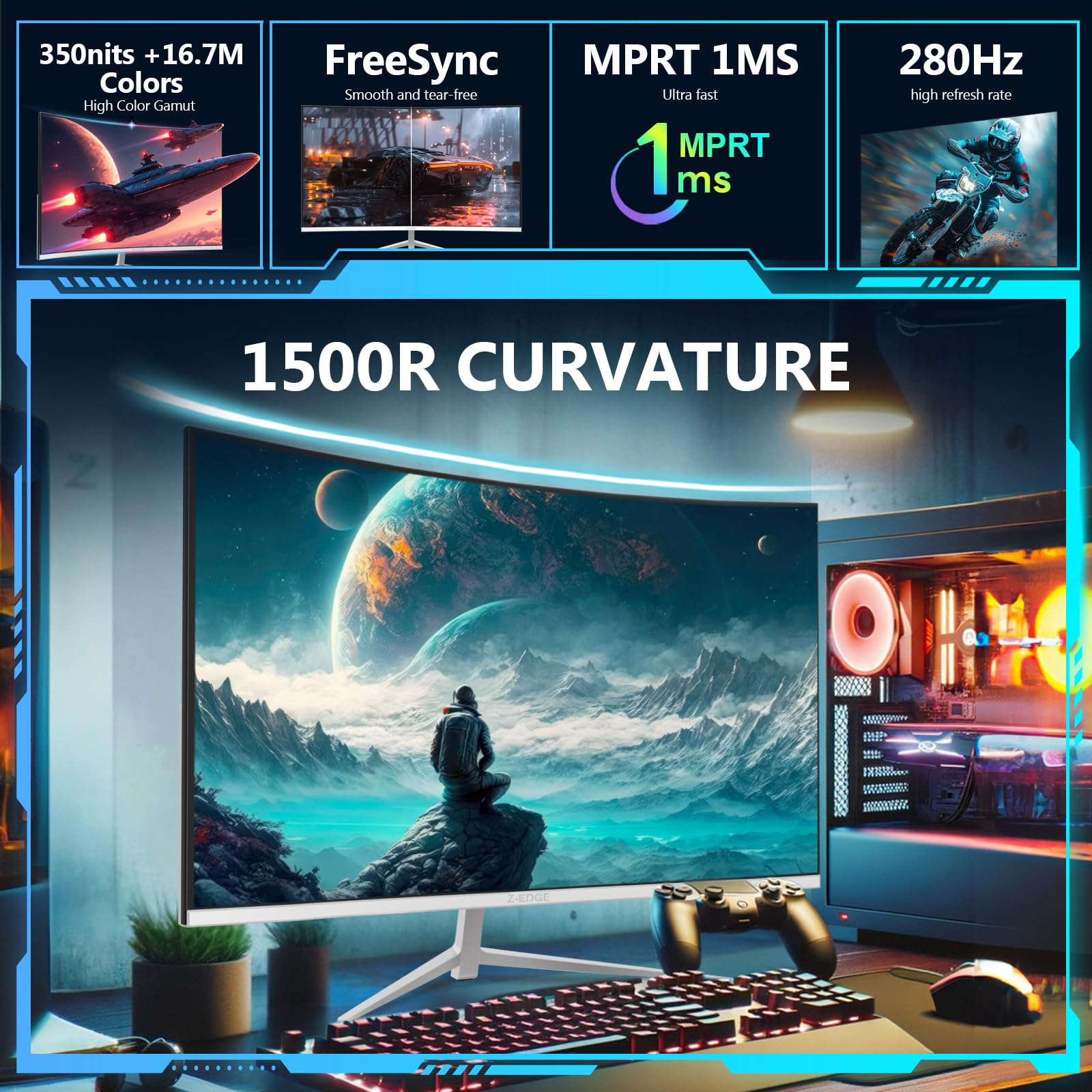 Z-Edge 27-calowy zakrzywiony ekran dla graczy PC Biały 300 Hz (DP1.4*2), 1ms, FreeSync, FHD, 240Hz (HDMI2.0*2), monitor do gier LED, regulowane nachylenie, HDR, VA, RGB, VESA (kabel DP w zestawie)