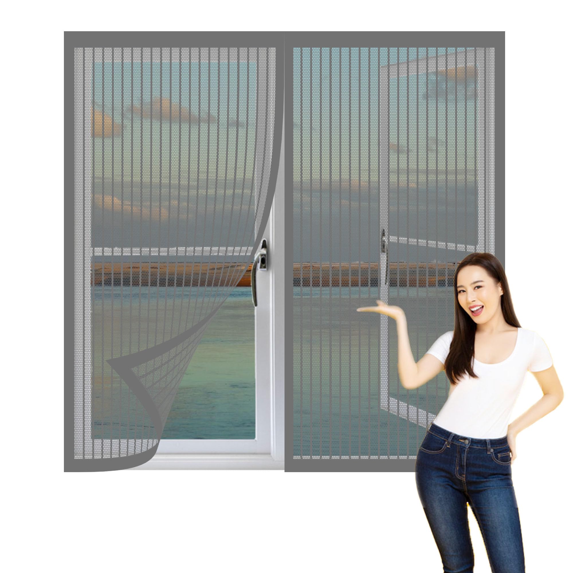 Magnetic Fly Screen Window 130 x 155 cm with Selfadhesive Magnetic Window Fly Screens Easy Installation for Windows Doors and Patio Screens, Grey