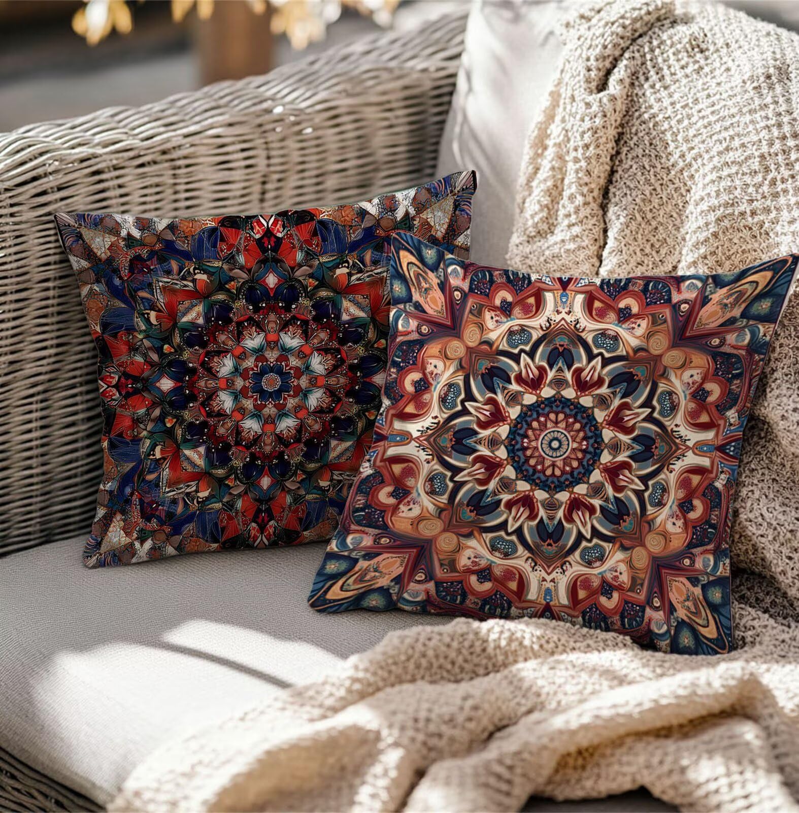 TG-35 czerwona poszewka na poduszkę, 75 x 75 cm, mandala, zestaw 2 poduszek dekoracyjnych, wygląd lnu, poliester, na zewnątrz, odporna na warunki atmosferyczne, na lato, wodoodporna, na patio, do