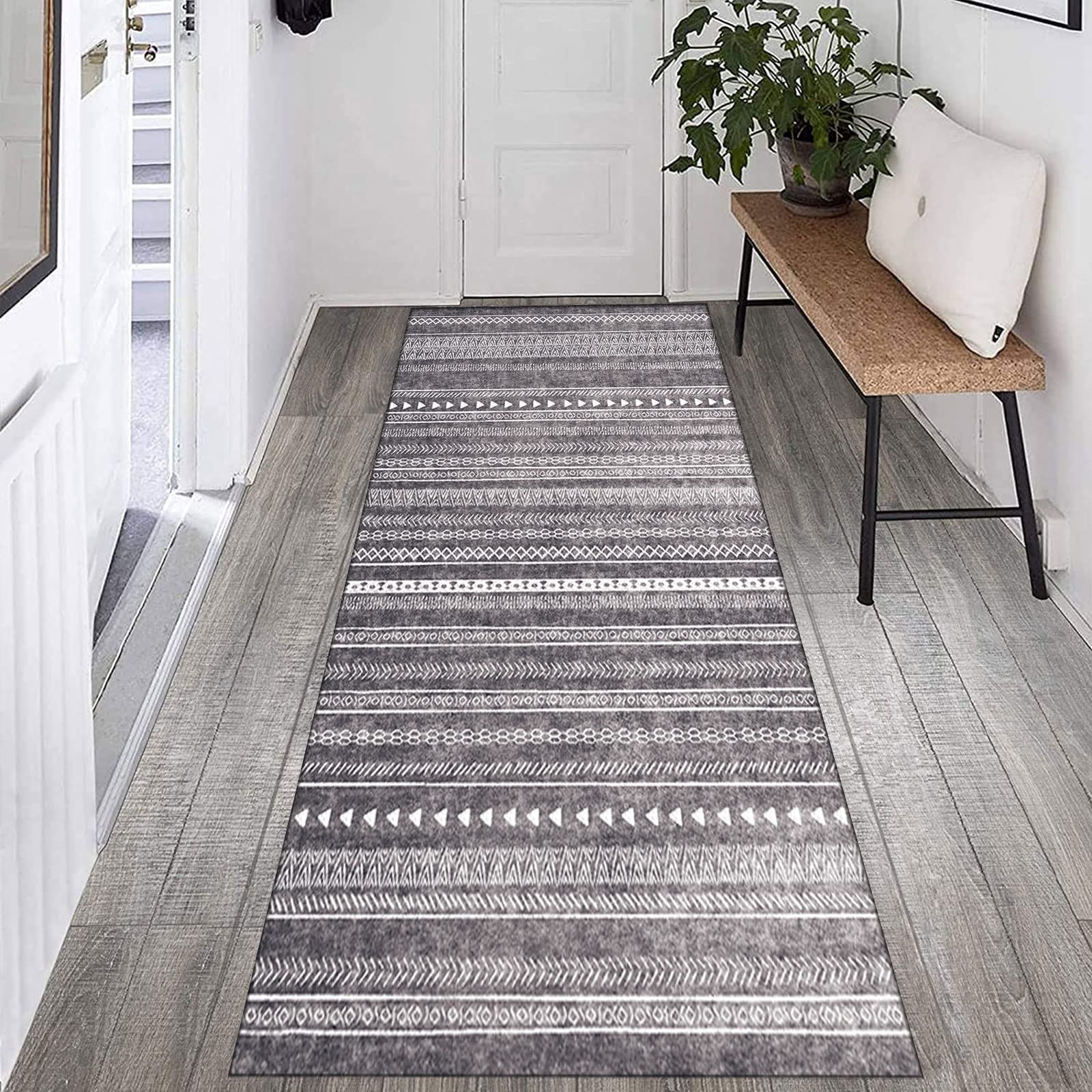 Läufer Teppich Flur rutschfest Teppich Läufer für Küche Wohnzimmer Modern Marokkanisch Grau Streifen Design