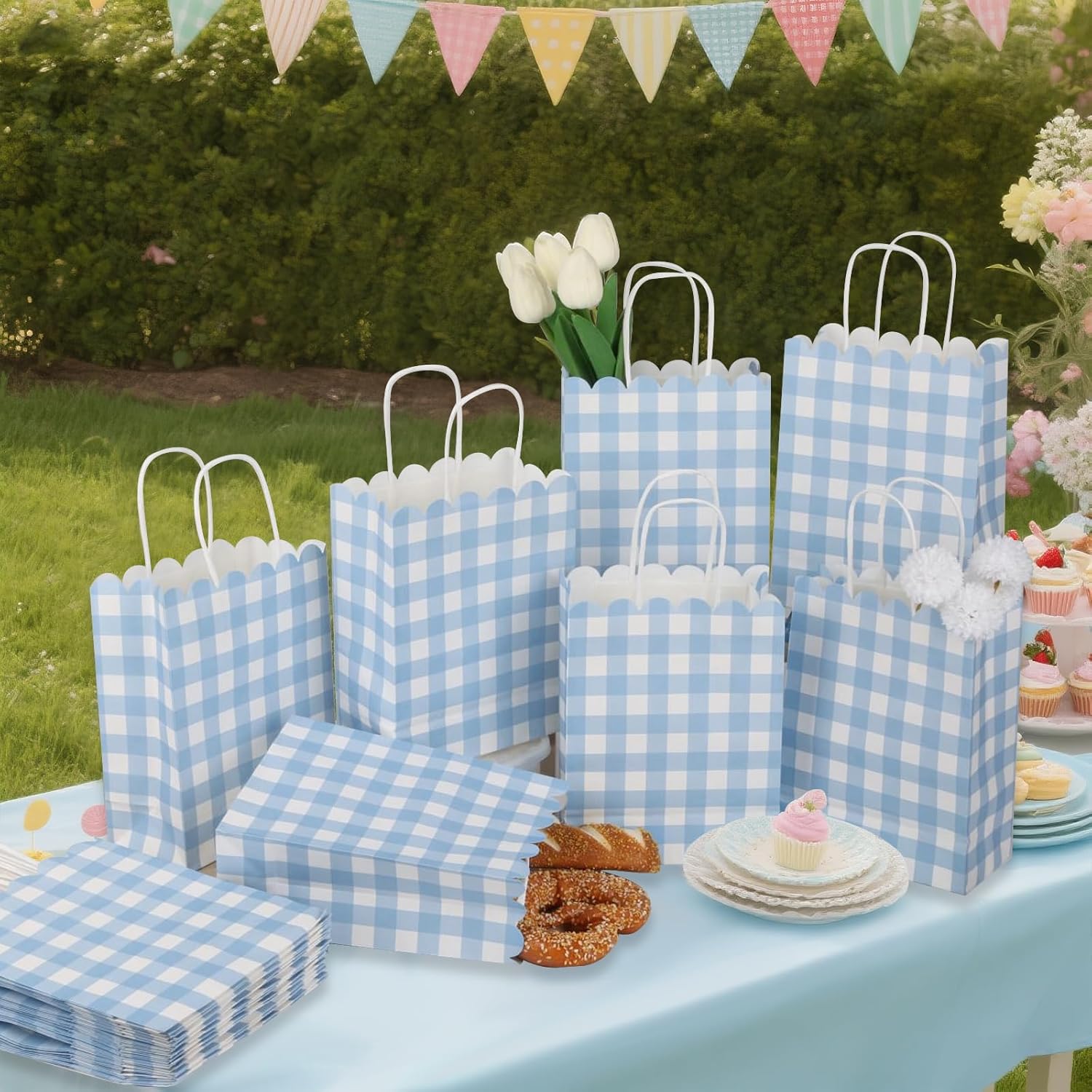 Polinook 40 Pcs Blue Gingham Party Supplies Gift Bag - with Handles Scalloped Plaid Paper Candy Bags - Double Side Kraft Paper Goodie Bags - for Spring Wedding Party Decor - Image 6