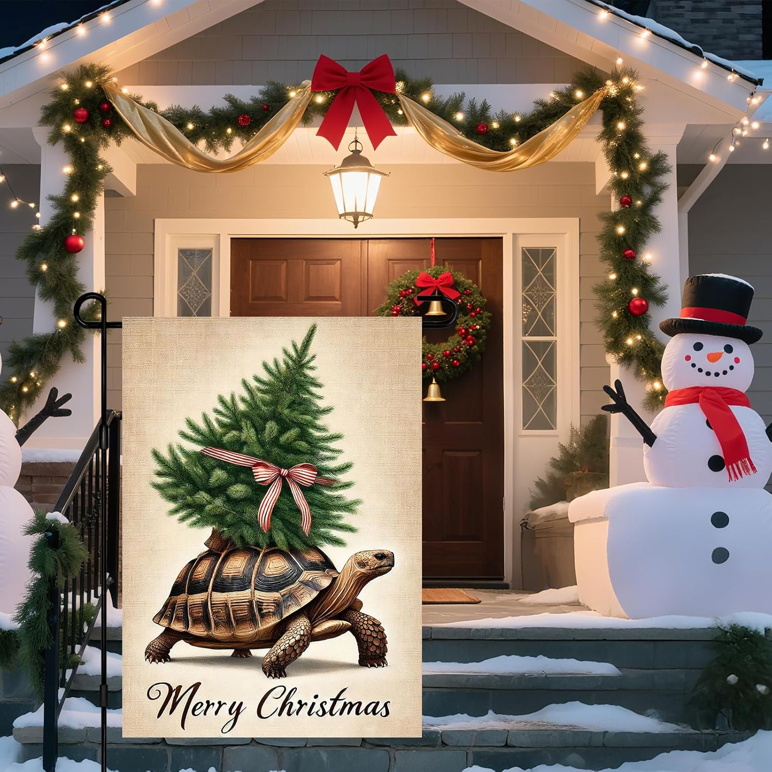 IVN Christmas Garden Flag Tortoise Flag 12x18 Inch Double Sided Mini Tree Red Ribbon Rustic Background Merry Christmas Text Decorative Yard Outdoor Seasonal Rustic Decor - Image 2