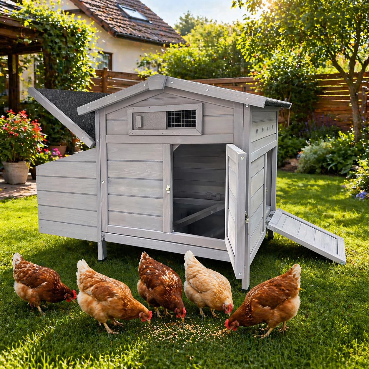 Hühnerstall aus Holz mit Legenest & Rampe, Kleiner Hühnerkäfig für 3 Hühner, Wetterfestes Dach, Herausziehbare Reinigungsschublade, Hühnerhaus für Garten & Bauernhof (Hellgrau) (Hellgrau)