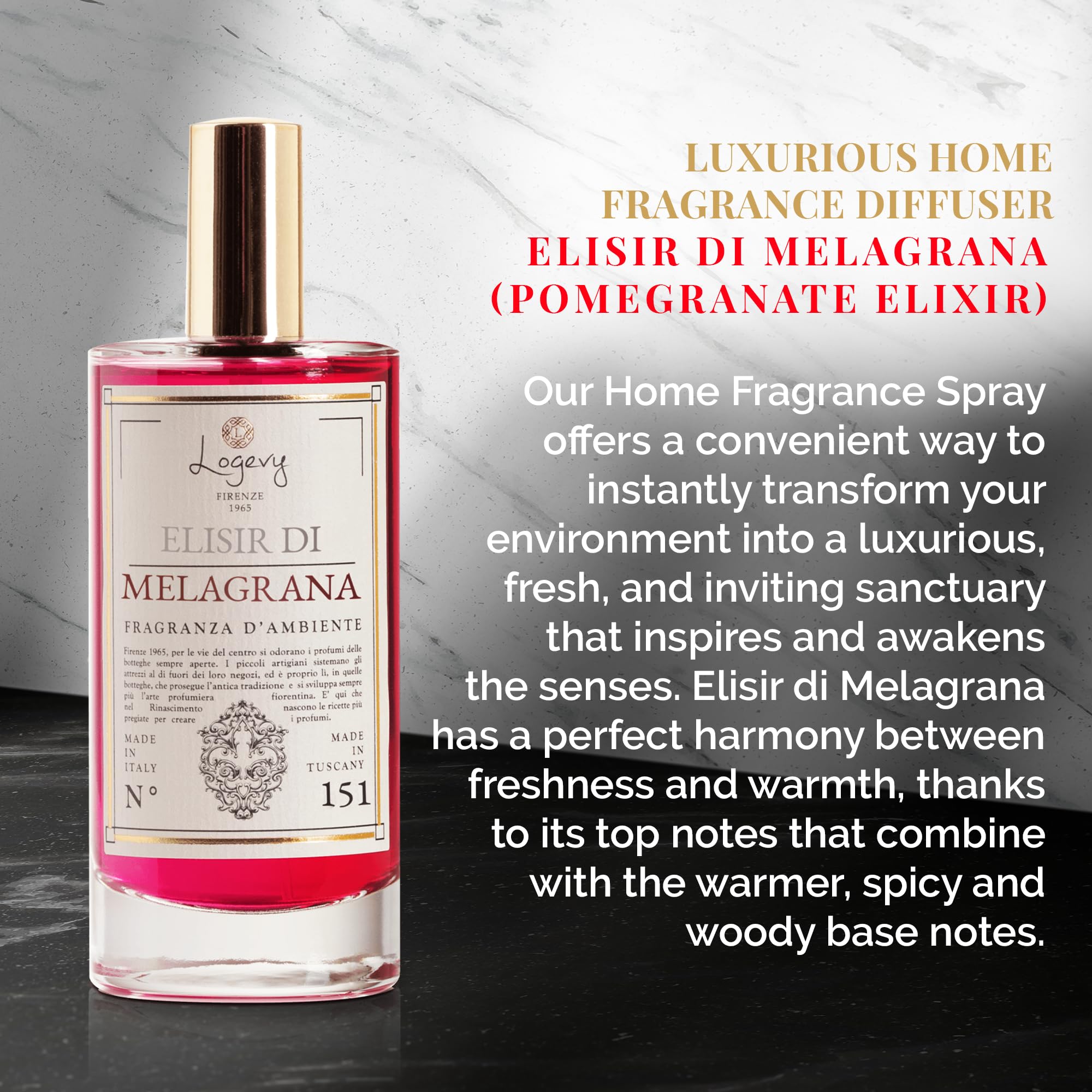 Logevy Firenze 1965 L'Etrusco Antico – The Pomegranate Elixir Home Spray zapachowy od Master Perfumer we Włoszech z pikantnymi i drzewnymi nutami, które urzekają zmysły i ożywią każde pomieszczenie,