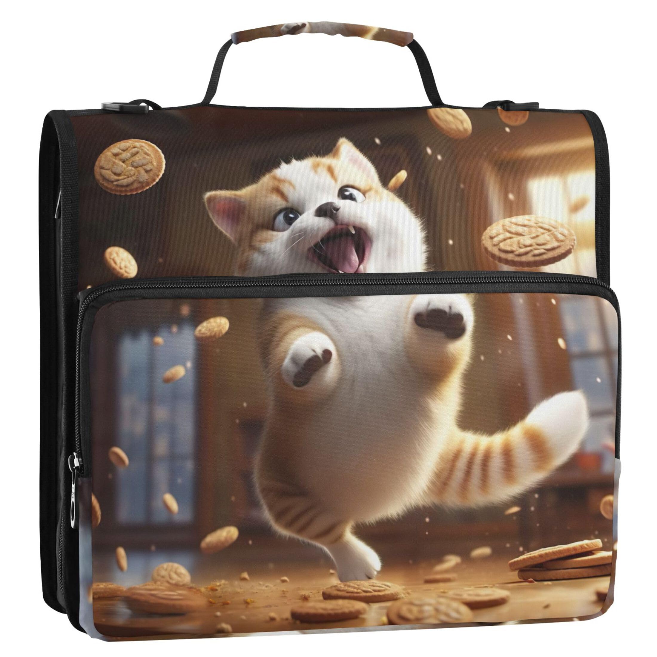 Big Zippered Binder Organizer 1.5 Inch Binders 3 Ring Heavy Duty Fat Cat Jumping Funny Portfolio & Case Ring Folder Holder Binder with Shoulder Strap for School