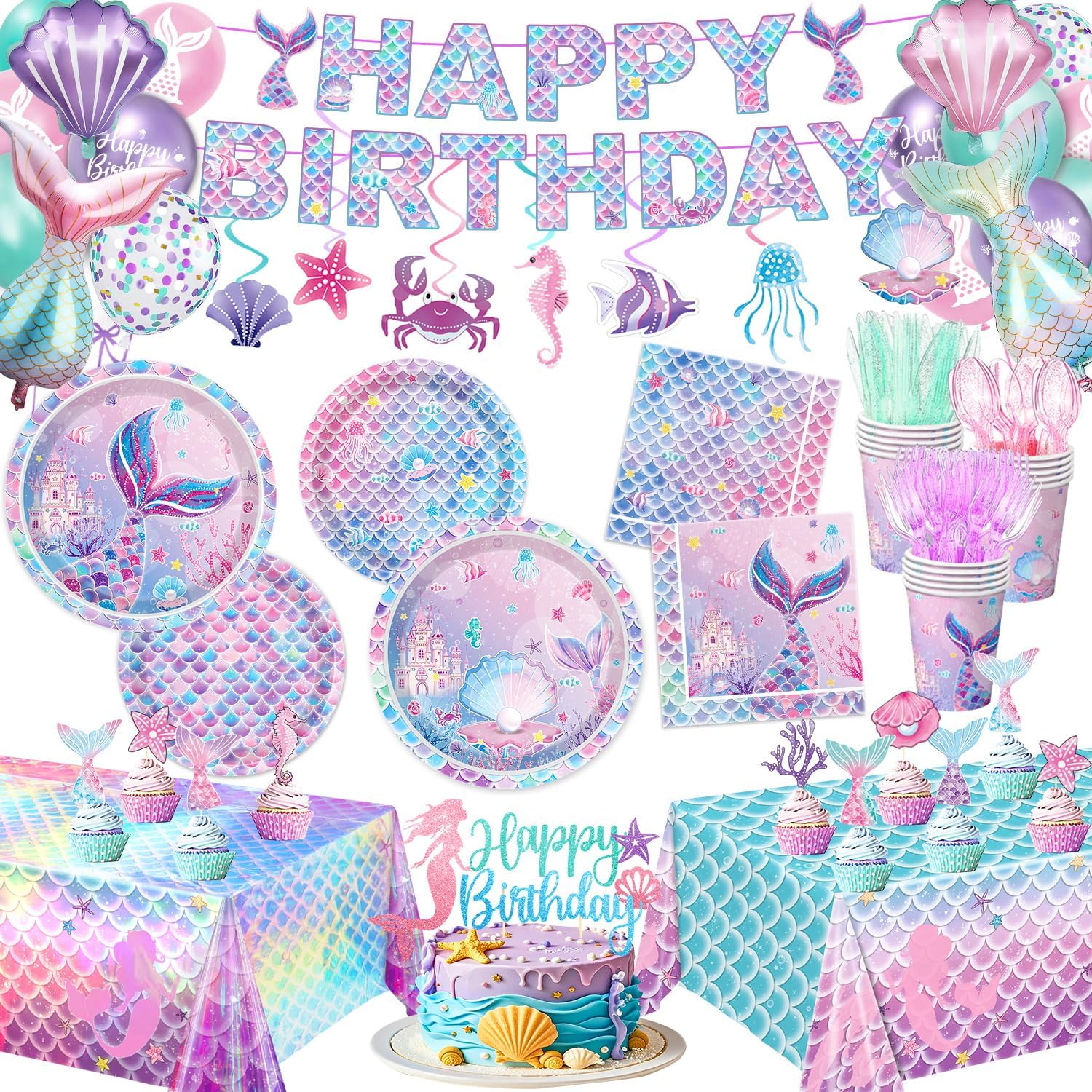 Mermaid Birthday Decorations Include Plates, Napkins, Cups, Cutlery, Hanging Swirls, Banner, Cake & Cupcake Toppers, Balloons, Tablecloth for Mermaid Party Decorations, Serve 20