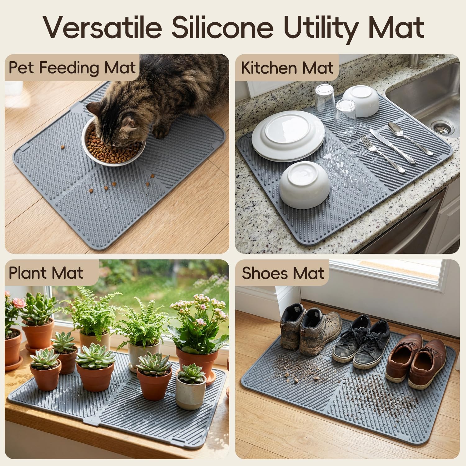 Cat Litter Mat for Litter Box,30" x 23" Large Silicone Litter Trapping Mat,Waterproof & Urine-Proof,Non-Slip Kitty Litter Mat for Scatter Control,Easy to Clean Floor Protector,Grey