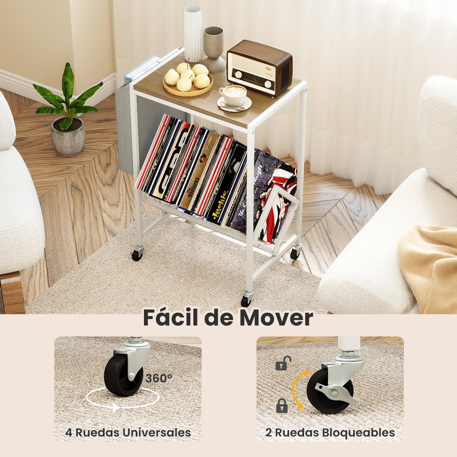 COSTWAY Mueble Tocadiscos con Ruedas, Soporte para Tocadiscos con Estante para Vinilos y Almacenaje Lateral, Mesa Auxiliar Móvil de Discos para Exhibición de Vinilos, 49,5x30x64 cm (Natural y Blanco)