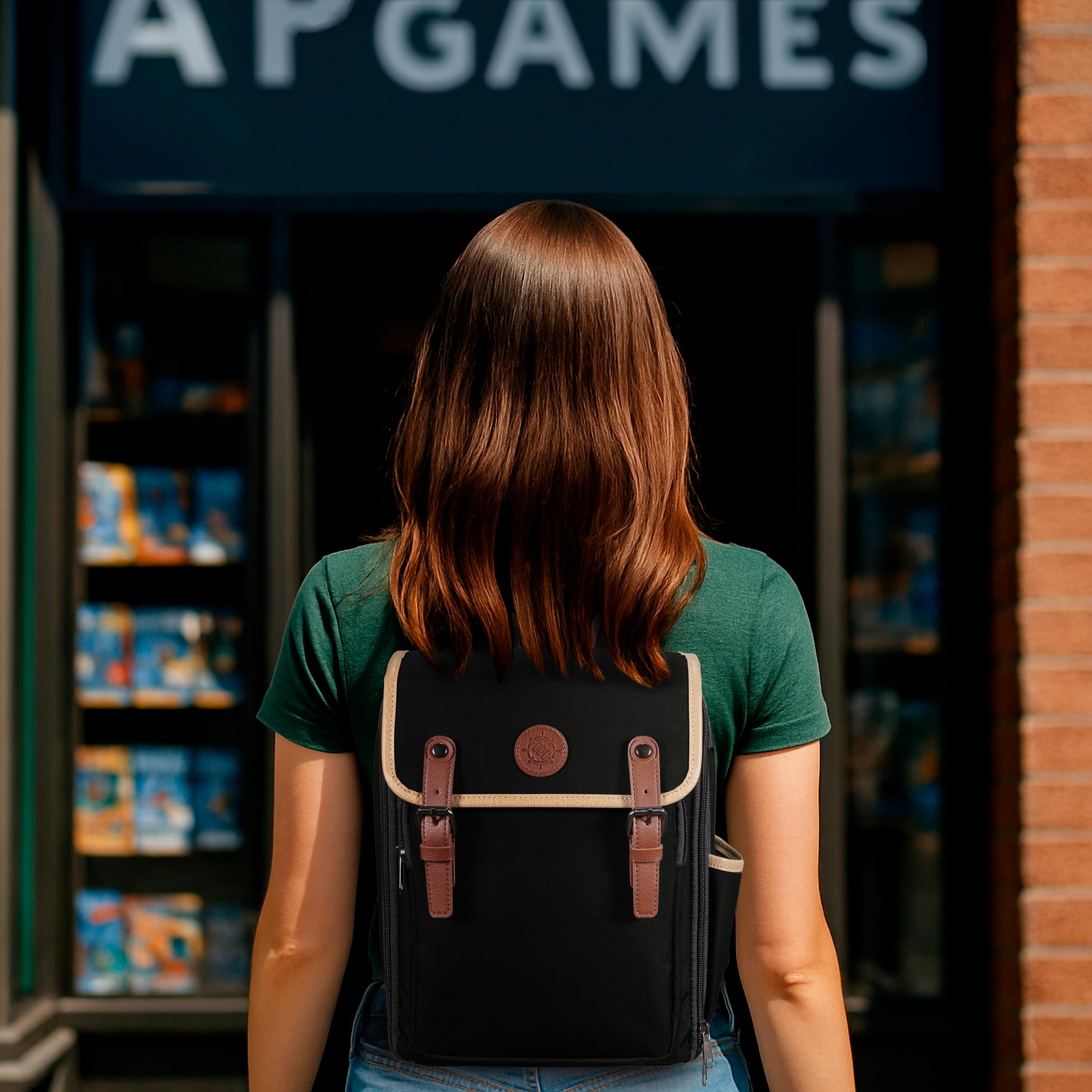 ENHANCE Designer Edition Kompakter MTG-Rucksack mit anpassbarem Innenraum für Magic: The Gathering, Lorcana & mehr - Zubehörfach für Würfelbeutel, Boosterpacks, Tag Tracker, Playmat-Fach (Schwarz)