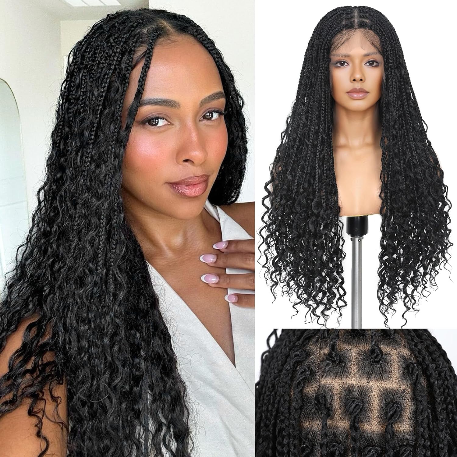 WIGNEE Boho Braided Wig Full Double Lace Front Box Braid Wig 30” Glueless Braided Wigs with Boho Curls Knotless Braided Wigs For Black Women