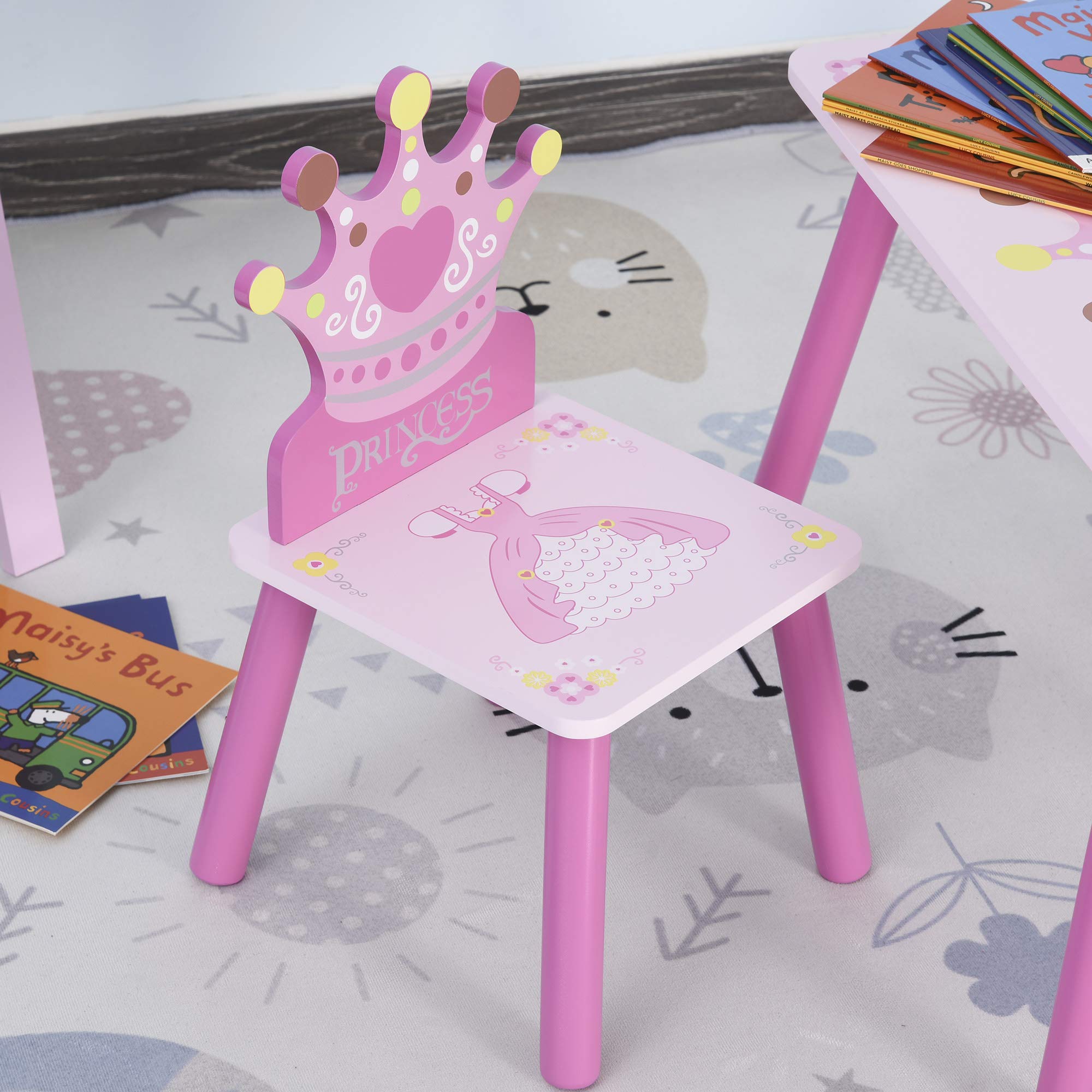 HOMCOM Juego de Mesa y 2 Sillas Infantiles de Madera Set de Mesa de Escritorio 55x34x42 cm y Sillas 28x26x50 cm para Niños 2-4 Años para Salas de Juego Dormitorio de Niño Rosa