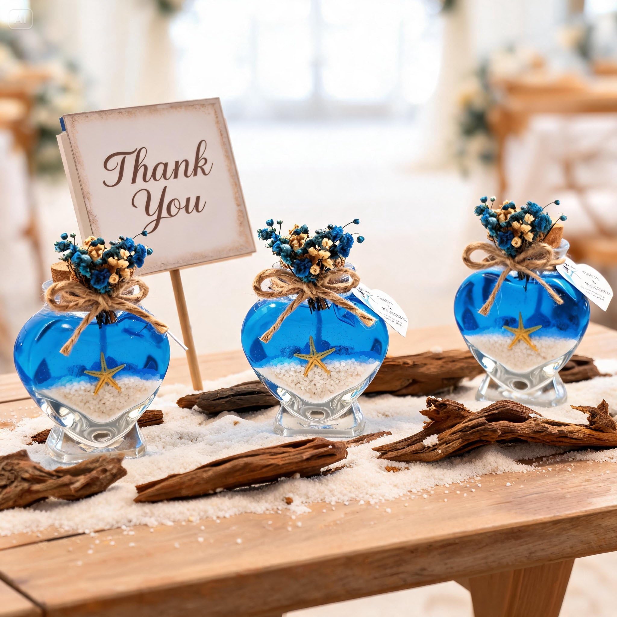 bomboniere matrimonio, bottigliette vetro Candele in un barattolo di profumate battesimo,vasetti vetro anni ragazzo, comunione, cresima,piccolo regalo (gel blu sabbia bianca, set da 50)
