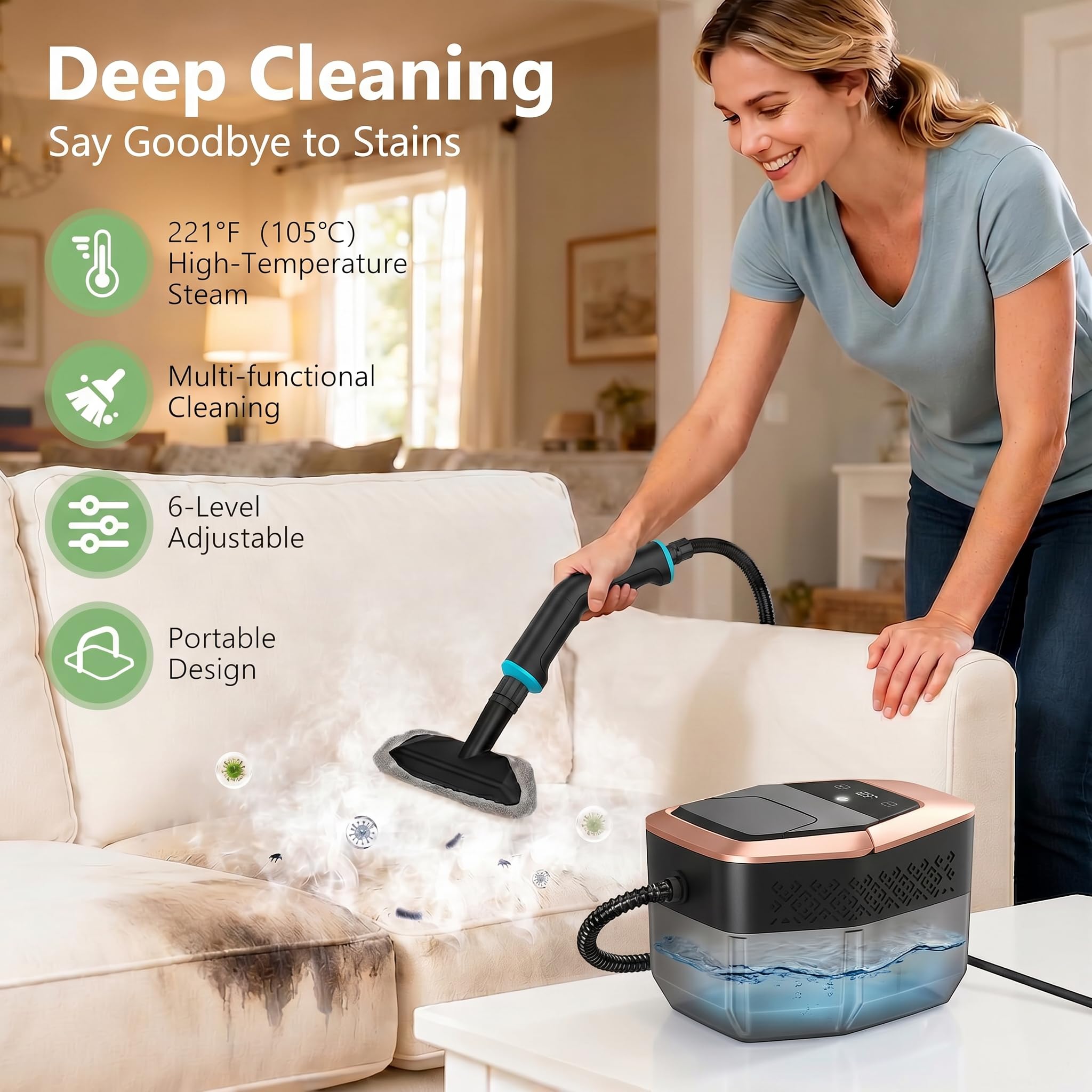 Nettoyeur Vapeur éLectriques Portable Vaporisateur a Main Appareil Professionnel Vitre Canapé Maison Cuisine Voiture, 6 Niveaux De RéGlage, 1,8L,Chauffage 15s,Affichage LCD Température