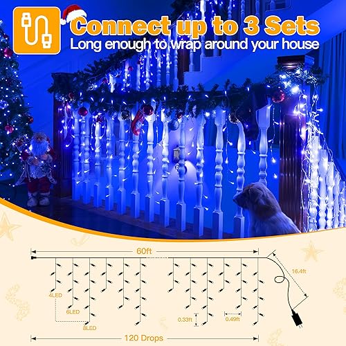 Miniatura 33 de Ollny Luces de carámbano multicolor para exteriores, 600 luces LED de Navidad de 49 pies con control remoto, 8 modos regulables, temporizador