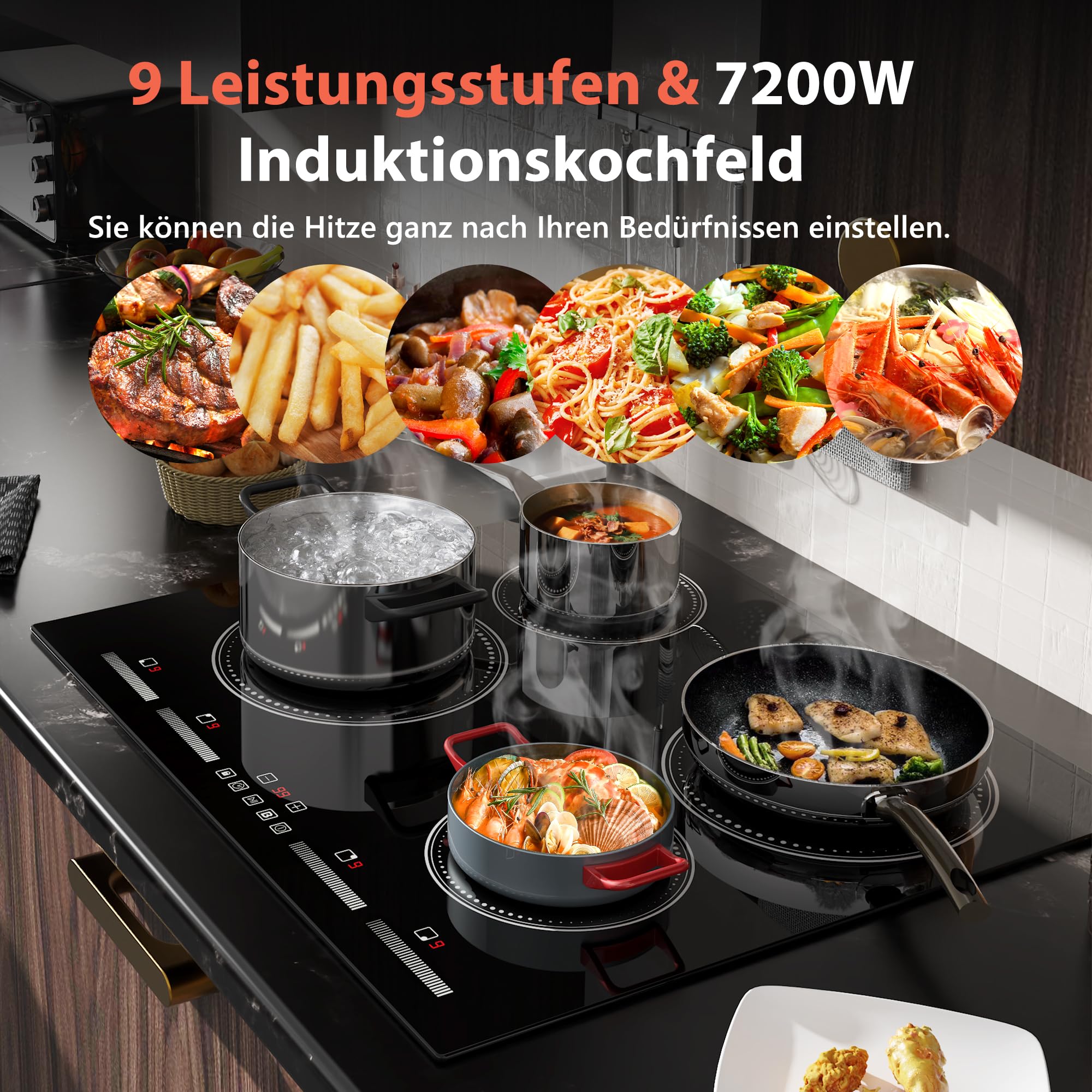 Induktionskochfeld 4 Platten Einbau 60CM mit Individuelle Touch-Steuerung | Autark Kochfeld Induktions 4 Zonen mit Boost-Funktion, 7200W, Kein Stecker, 230V, Schwarz