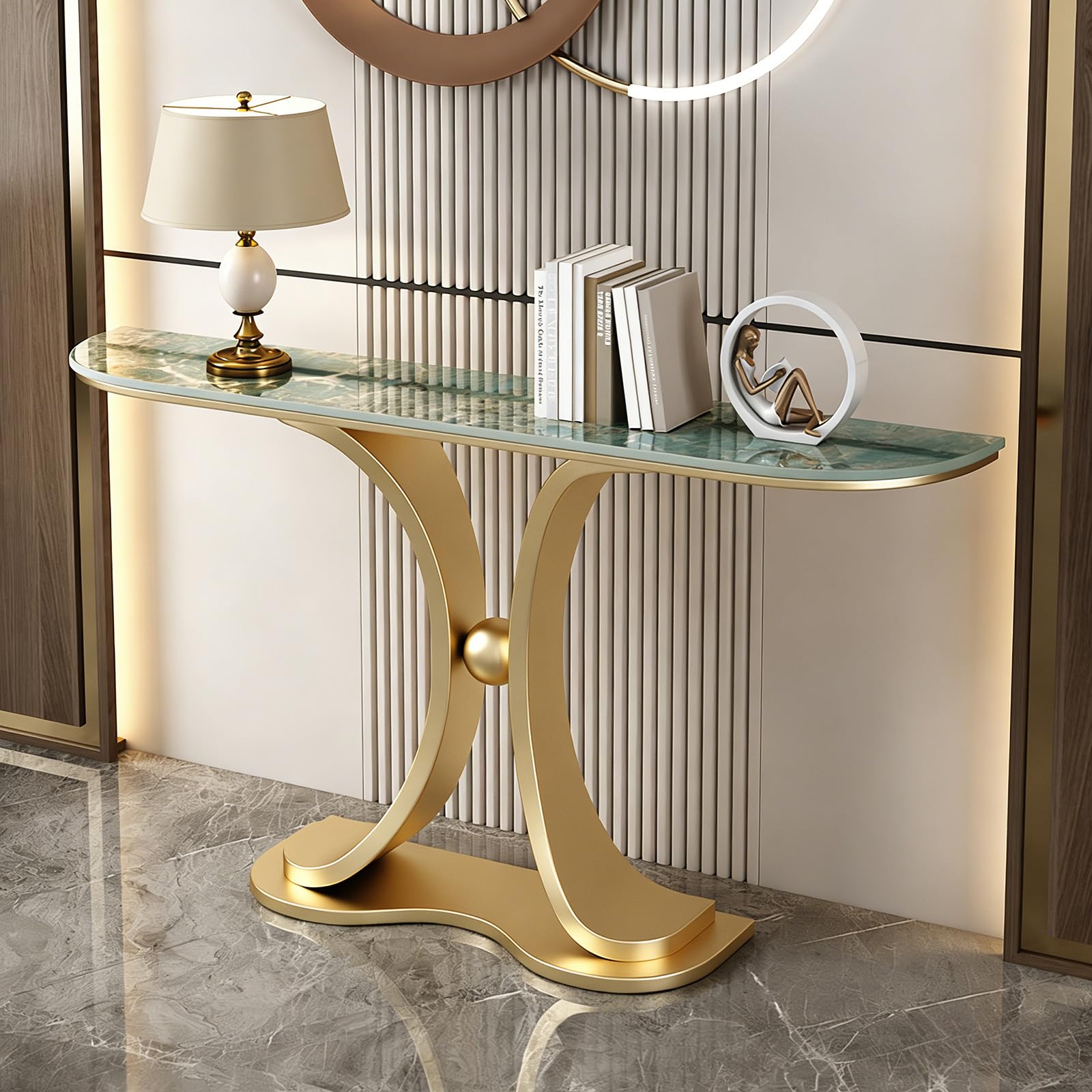 Console en marbre de luxe, table d'entrée étroite de 150 cm, table basse moderne avec pieds antirouille, résistante aux rayures et à la chaleur, idéale pour l'entrée, le couloir, le salon ou la cham