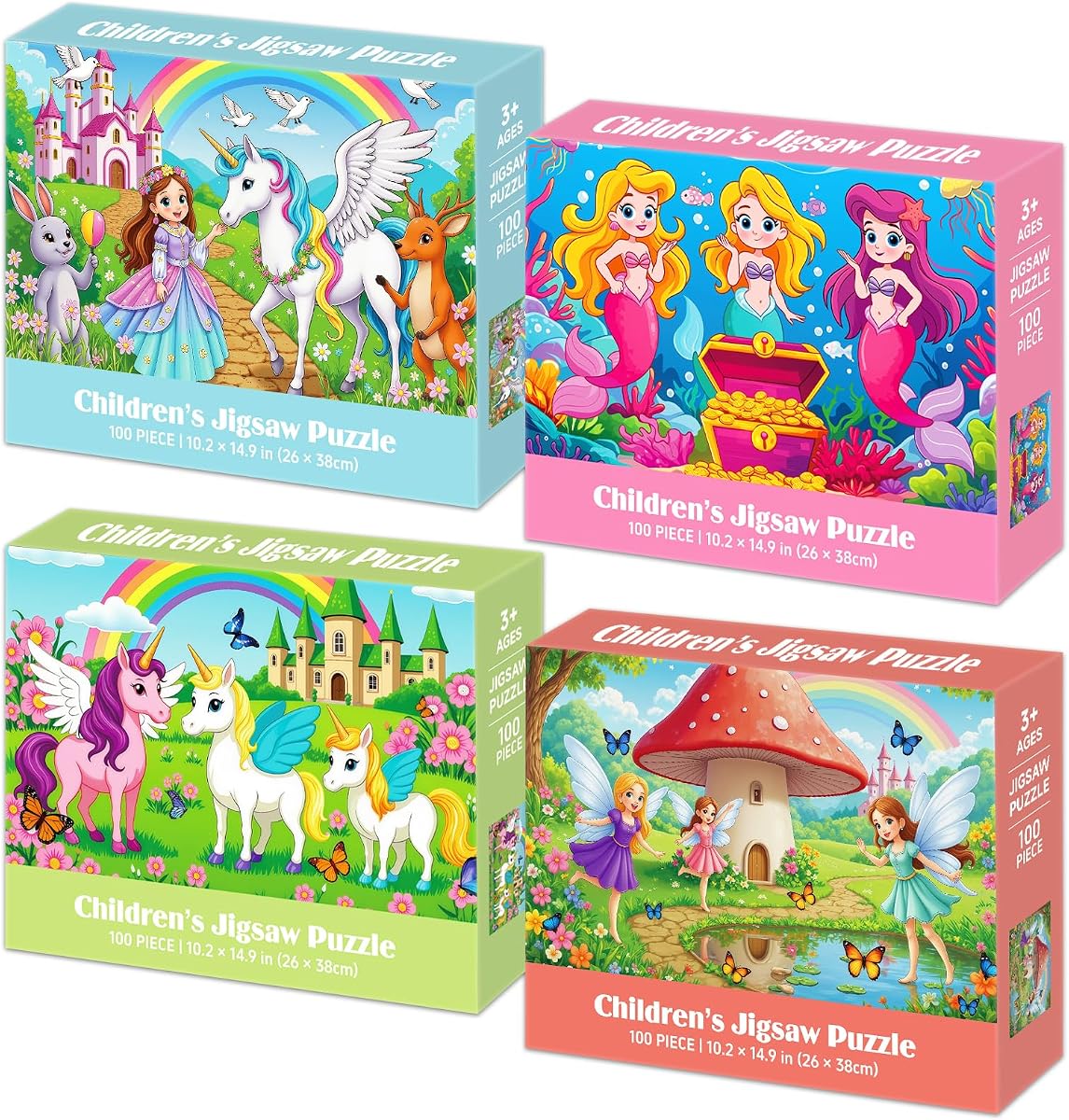 Rompecabezas de 100 piezas para niños de 4 a 6, 6 a 8, 8 a 10, paquete de 4 rompecabezas de princesa, hada, sirena, unicornio, 100 piezas, rompecabezas para niños de 3 a 5, 4 a 6, 5 a 8, juguetes de aprendizaje, regalos educativos para niñas y niños de 15 x 10 pulgadas