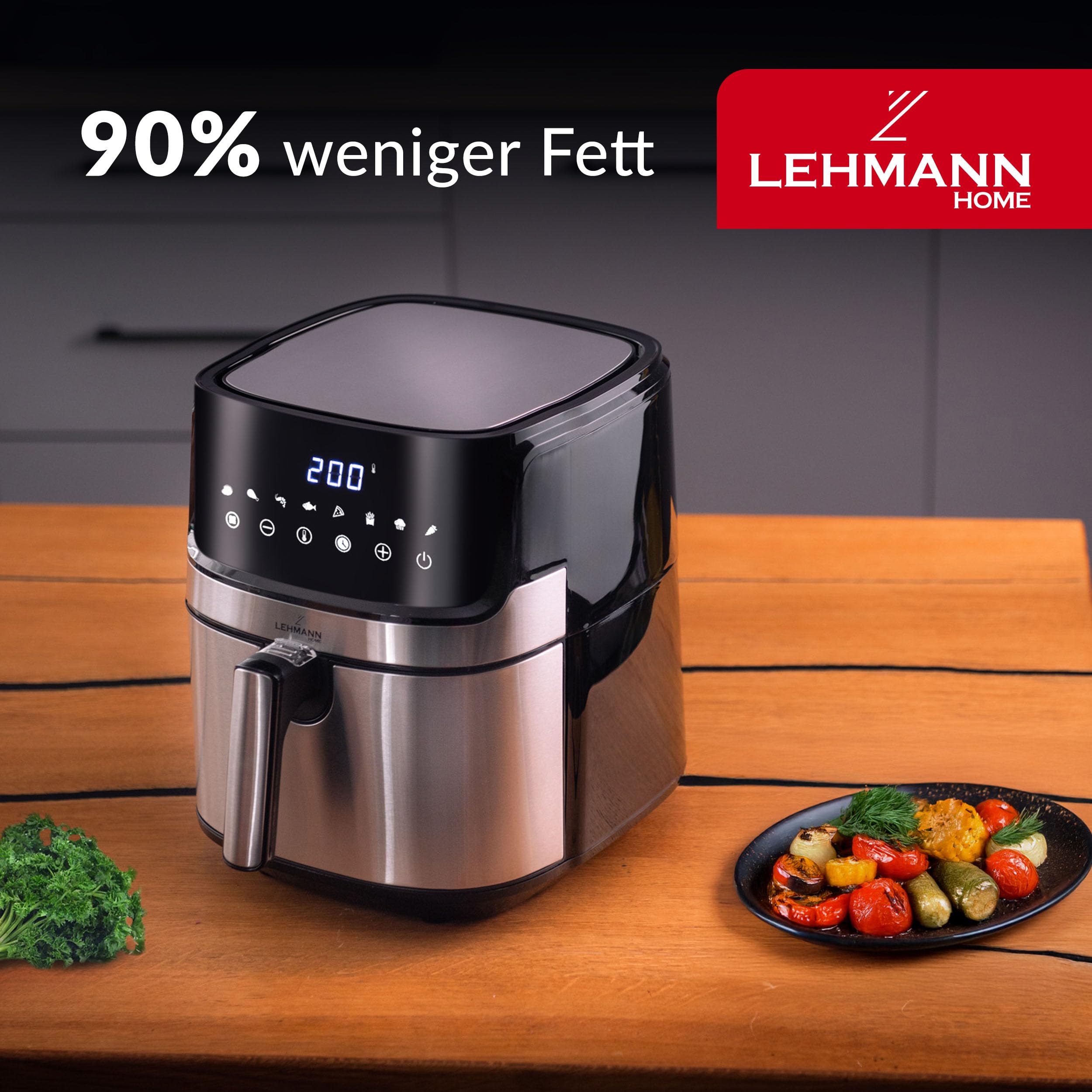 LEHMANN Heißluftfritteuse XL 6,5L, 8 Programme, Große Metallkammer, Digitales Display, Timer, Antihaftbeschichtung, Spülmaschinenfester Korb, 80-200°C, Air Fryer ohne Öl für Familie