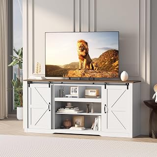 Garvee Farmhouse TV Stand 70 Inch with Power Outlets for TVs Up to 80, 32 Inch Tall Entertainment Center for Living Room, Sliding Barn Doors Media Console with Storage and Adjustable Shelves, White