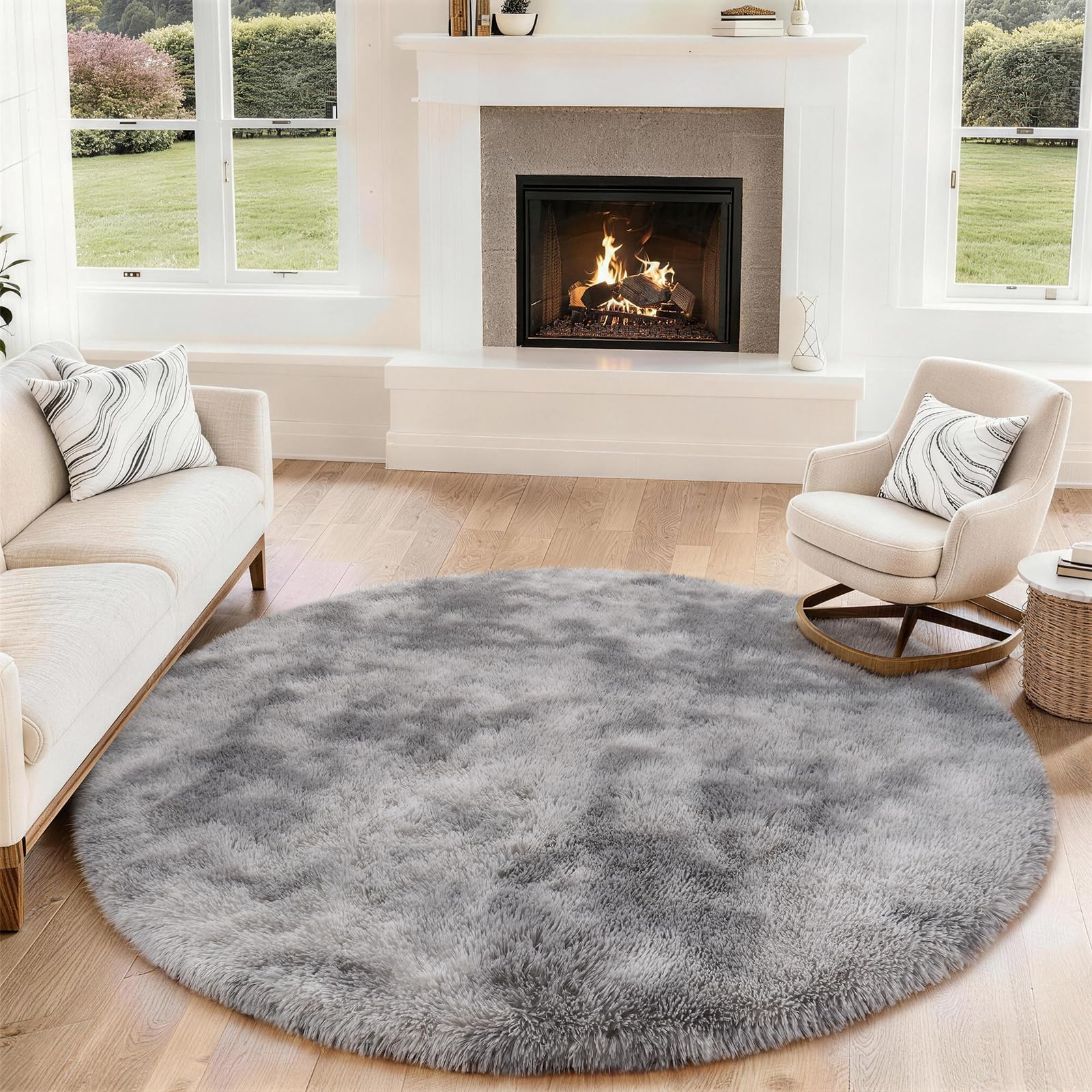 SOANNY Round Rugs Living Room, Large Soft Fluffy Tie-Dye Circle Carpet, Non-Slip, Machine Washable for Bedroom, Dorm, Bedside, Lounge, Nursery, Playroom, 160 cm, Light Grey