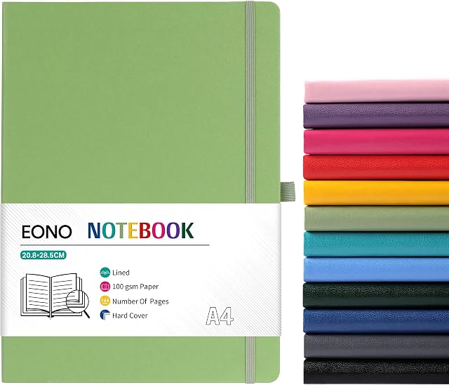 Amazon Brand - Eono Notebook A4, Notebook A4 with Premium Paper, Faux Leather Classic Writing A4 Notebook Journal, 8.35" X 11.45", Hardcover, Light Green
