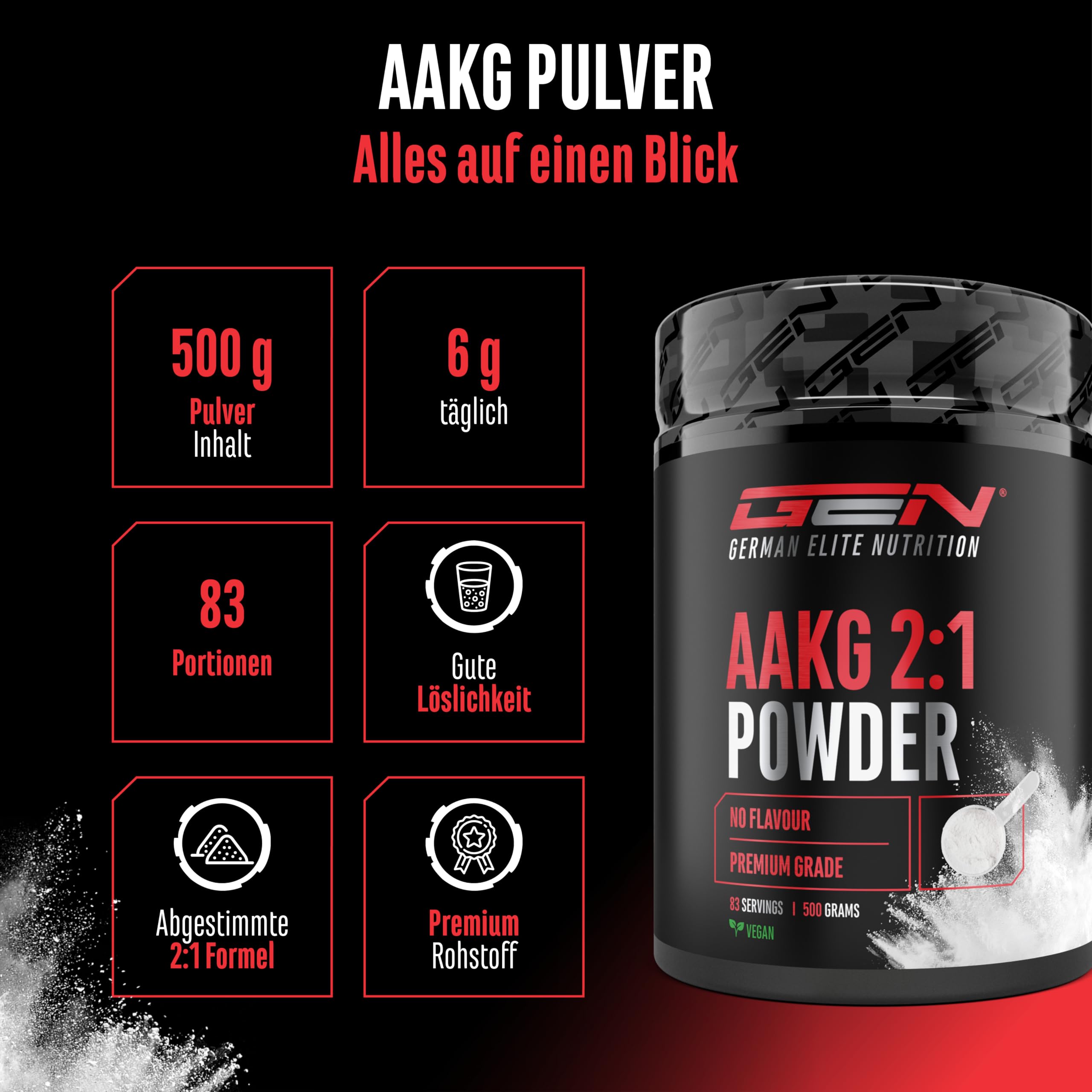 GEN GERMAN ELITE NUTRITION AAKG - 500 g - L-Arginin-Alpha-Ketoglutarat 2:1 | Geschmacksneutral, optimale Löslichkeit, laborgeprüft, reines Pulver, vegan, ohne Zusätze, Premium Arginin Aminosäure