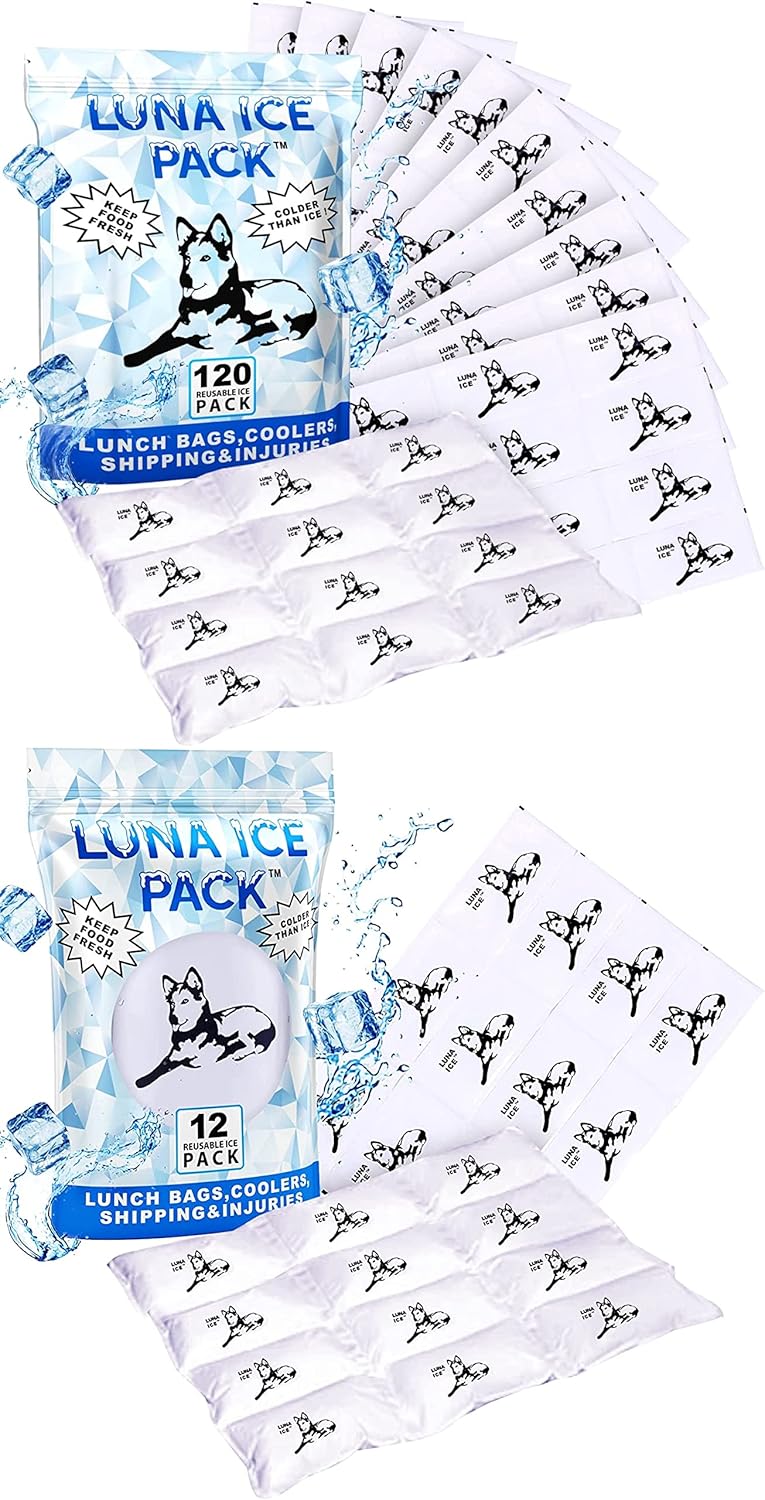 Luna Ice Gel Ice Packs Bundle 132 Pack - Dry Ice for Shipping Frozen Food, Lunch Bags & Injuries - Reusable & Long-Lasting Cold Packs for Coolers, Ice Bag for Shipping Frozen Food - Dry Ice Packs