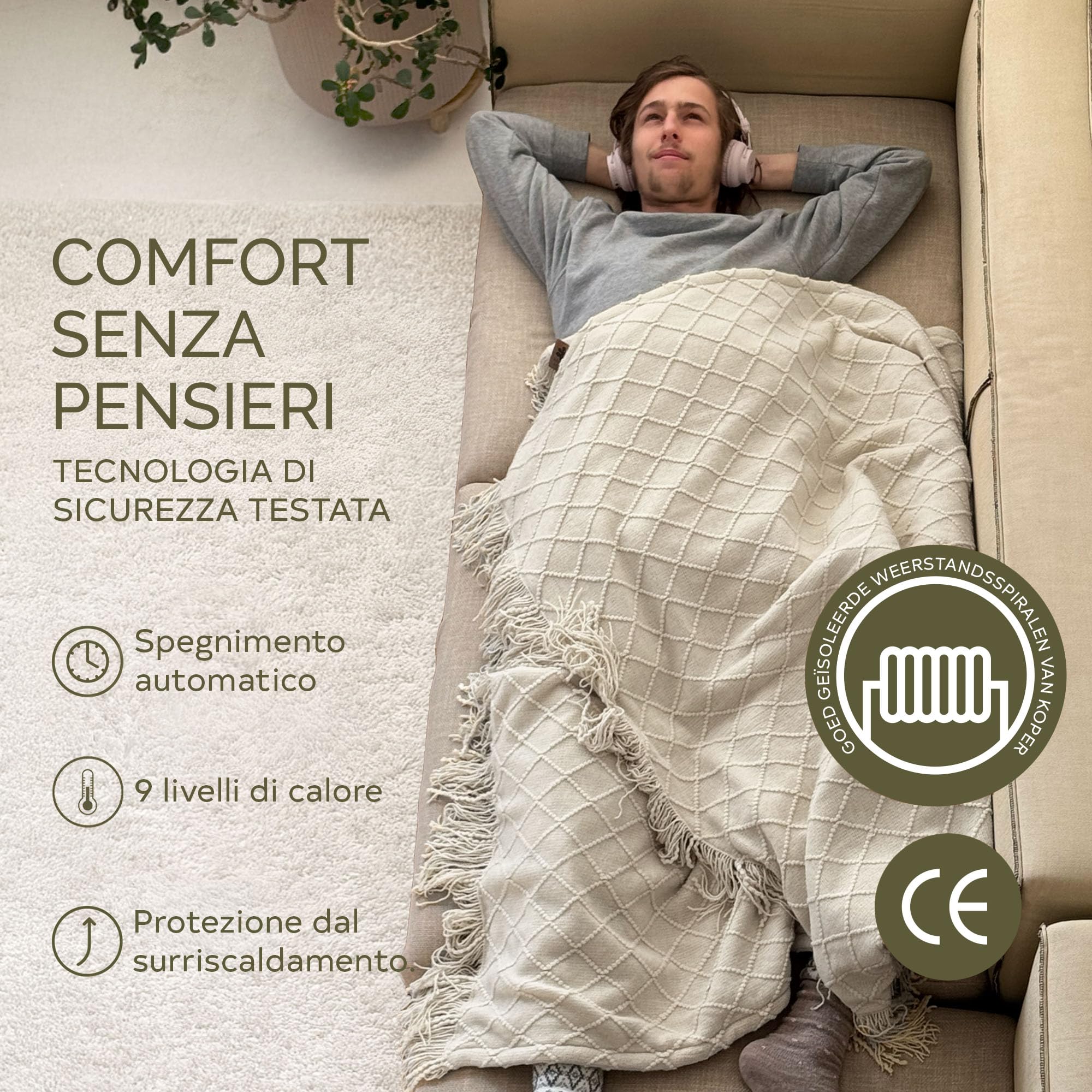 Groenland BOHEM - Coperta elettrica riscaldata, 180 x 130 cm, 9 livelli di calore e timer per spegnimento automatico, morbida coperta elettrica lavabile per divano e letto