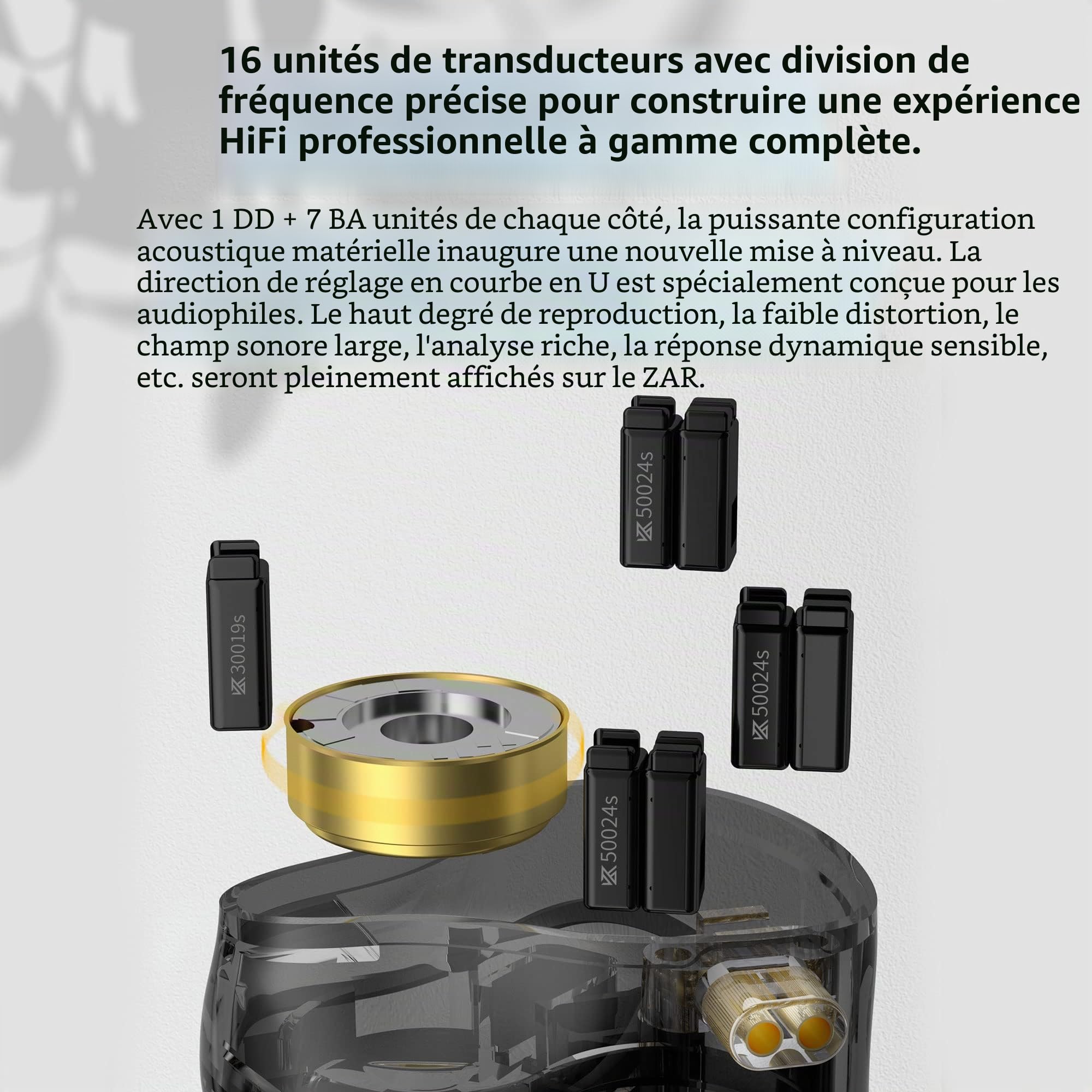KZ ZAR Écouteurs Intra-Auriculaires 7BA+1DD Hybrides 8 Pilotes HiFi Basse Isolation du Bruit, Clarté dans Toutes Les fréquences Son stéréo Confortable pour ingénieurs Audio, Musiciens (sans Micro)