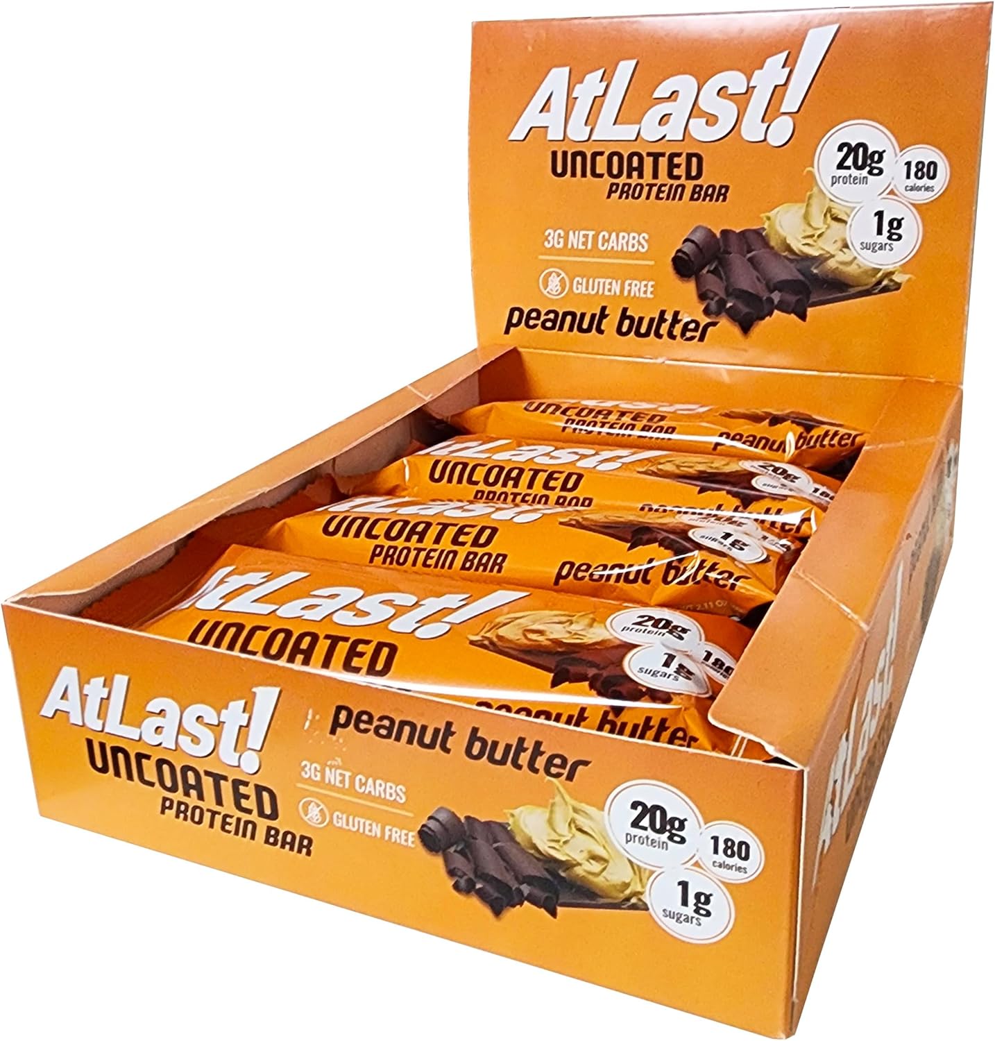 AtLast! Peanut Butter Protein Bars – Low Carb, Keto-Friendly, High Protein, Gluten-Free, Low Sugar Snack – 20g Protein, Only 3g Net Carbs – Box of 12
