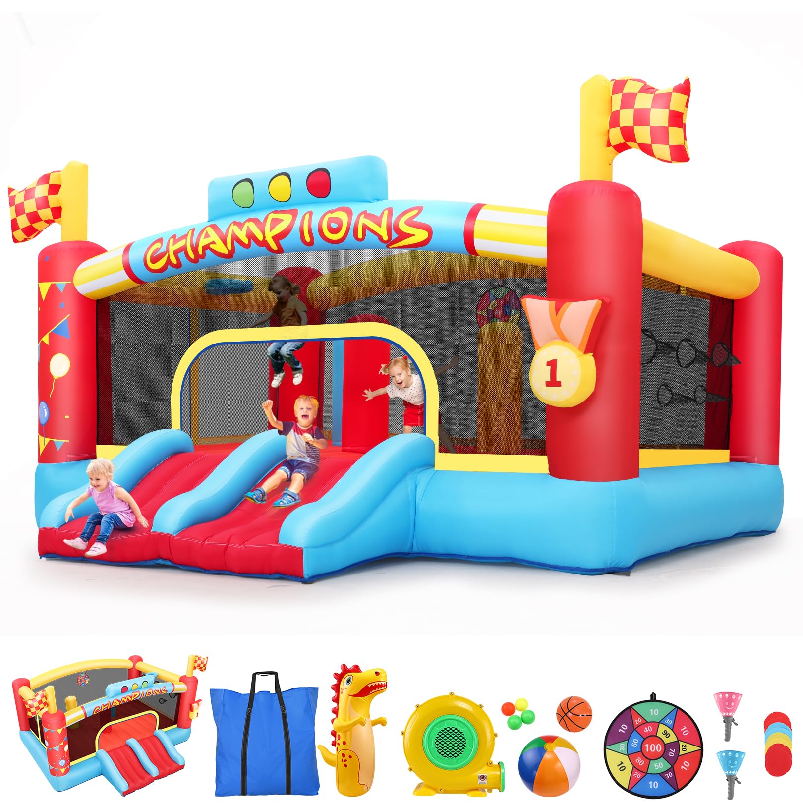 Bounce House for Kids, 13FT Large Inflatable Bounce Castle with Blower Blow Up Jumping Bouncer with Double Slide, Obstacle Poles & Target Toss Game, Champion Race Car Theme