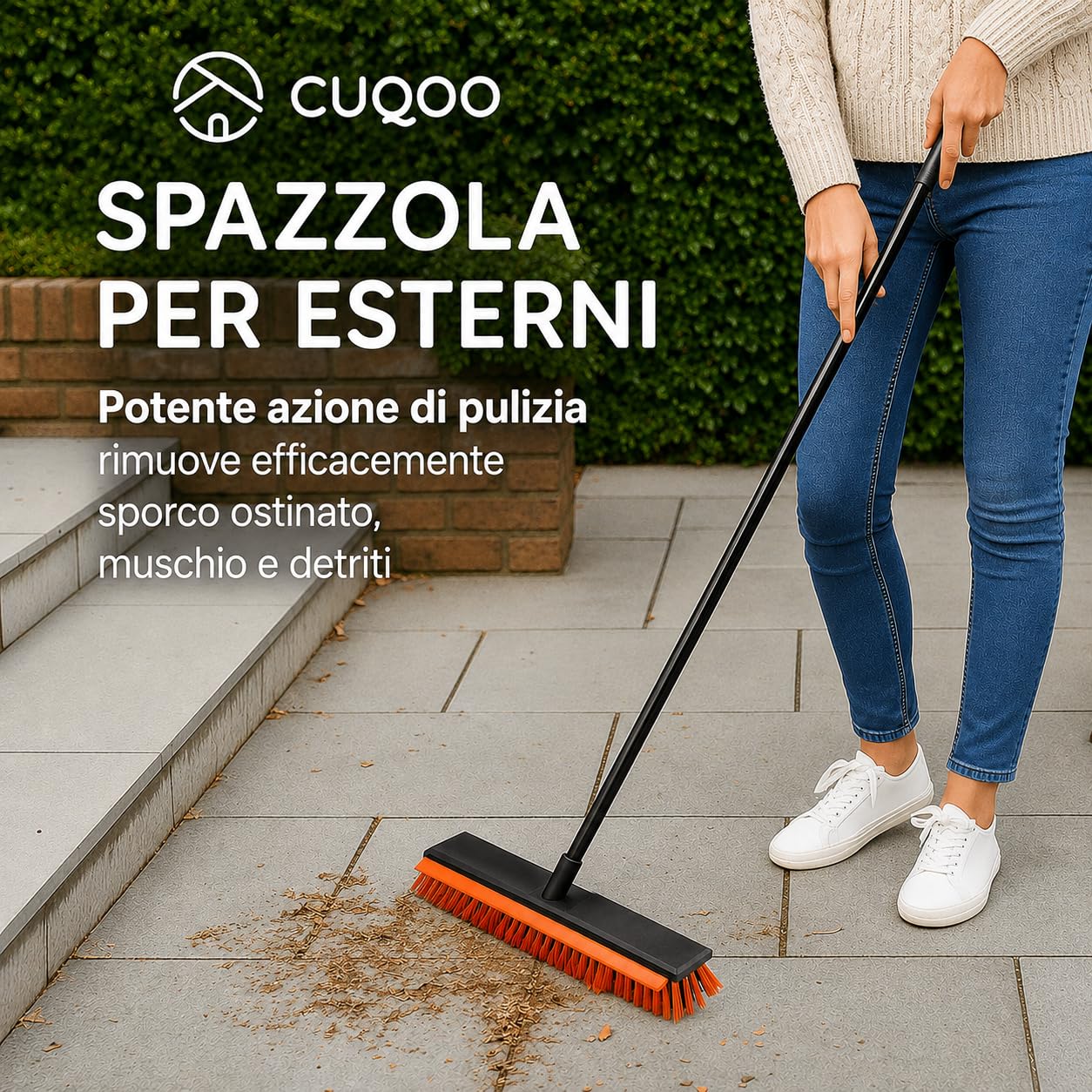 CUQOO Scopa resistente per esterni, spazzola con setole rigide con manico lungo per giardino, patio, vialetto e garage, spazzola resistente per esterni, ideale per superfici dure, pavimentazioni in