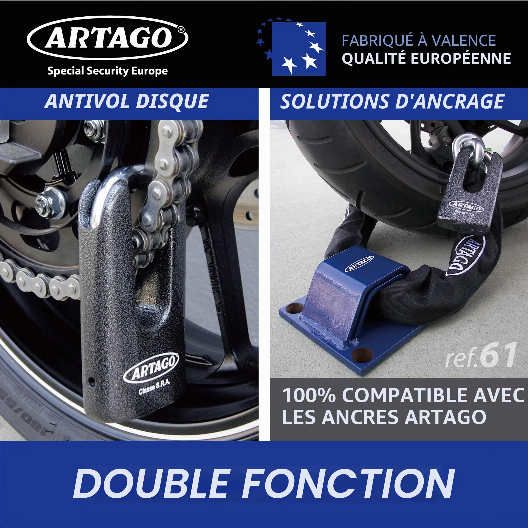 Artago 69T120 Chaine Antivol Moto Lourde + Mini U, Sécurité Maximale Homologué SRA, Sold Secure Gold, ø15mm 120cm, Cadenas Mini U en Acier Forgé MONOBLOK, Sécurité Maximale Testée, BUNKER SELECTION