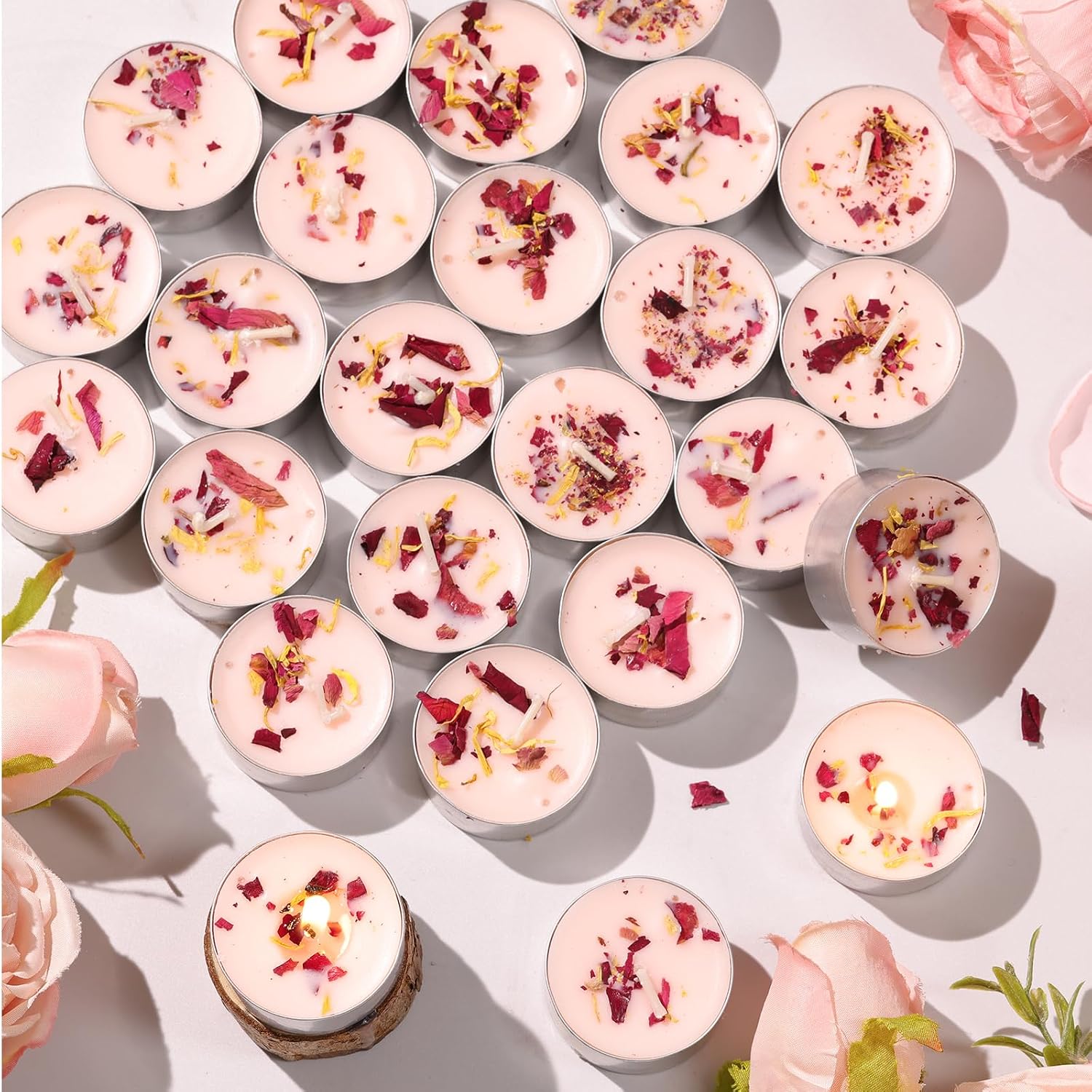 Vanilla Scented Tea Lights Candles 25 Pack, 100% Soy Wax Yellow Scented Tealights with Dried Flowers, 6 Hour Long Burn Time, Relaxing Aromatherapy Candles Gift for Home, Spa, Yoga