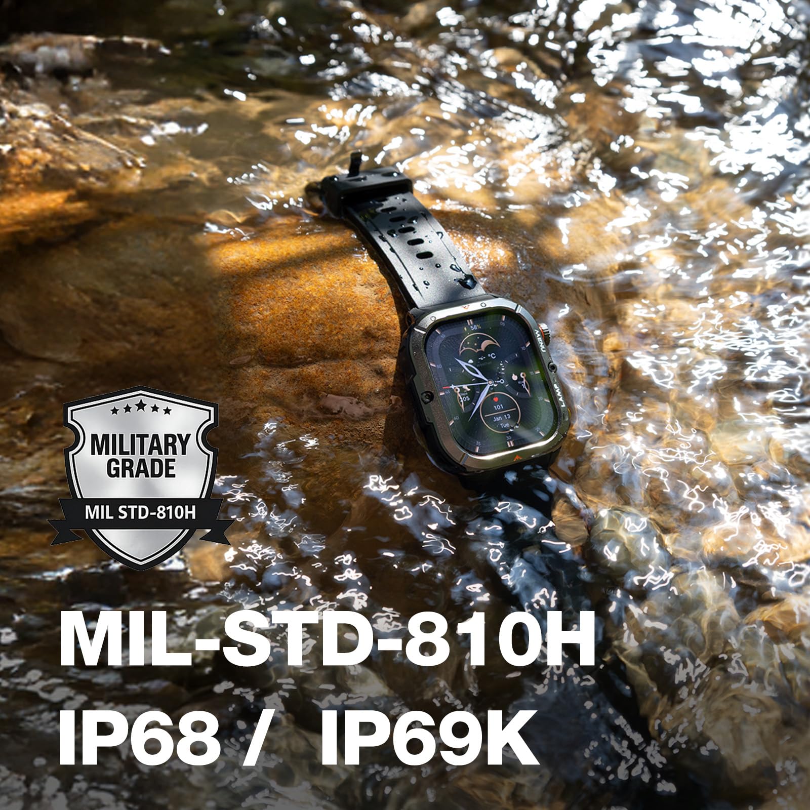 AGM Legion 3 Militär Smartwatch Herren, 1,95" AMOLED Smart Watch mit Telefonfunktion, Outdoor Sportuhr mit Taschenlampe, Robuste Fitness Tracker, 5ATM Wasserdicht, 500mAh Akku für 10 Tage Laufzeit