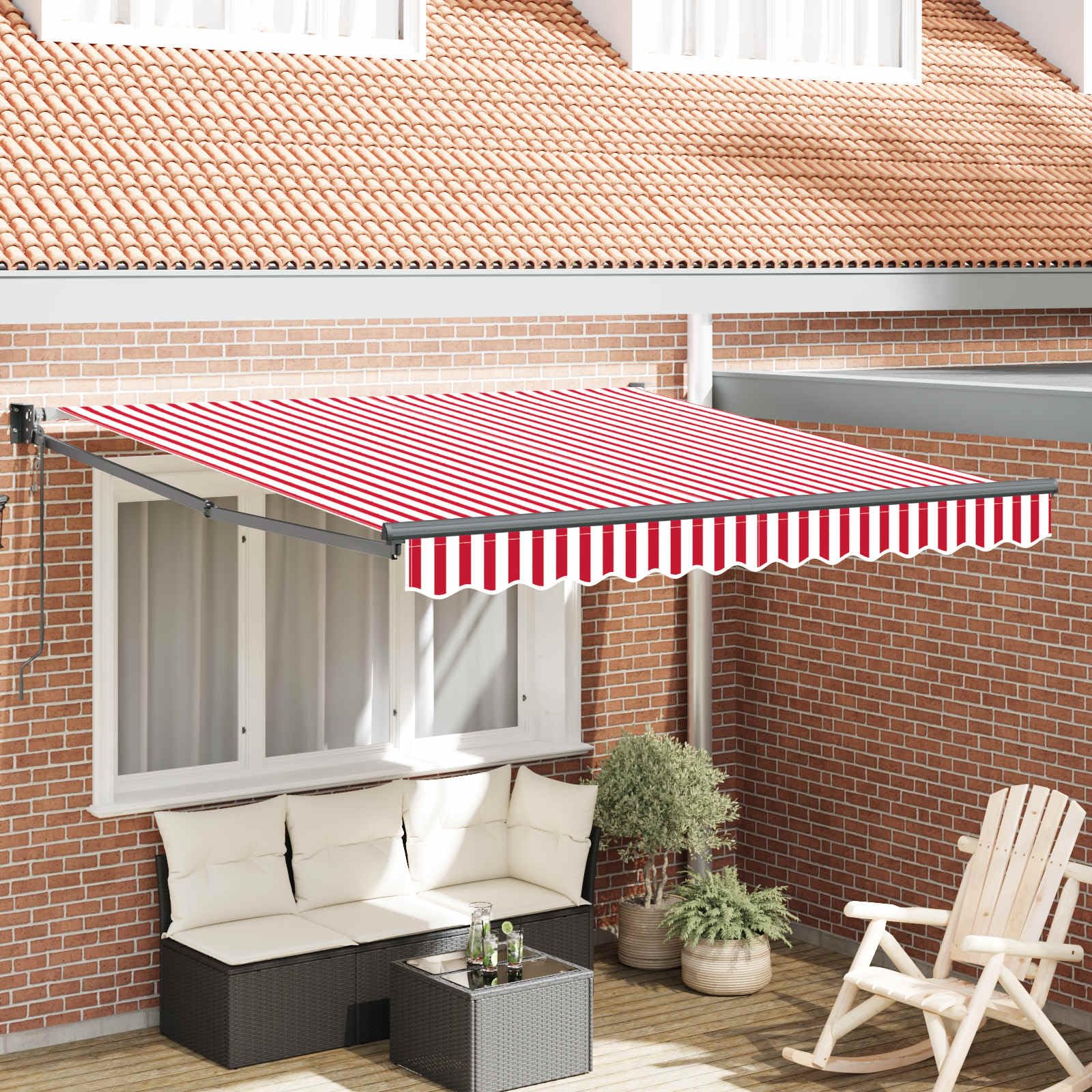 Toldo extensible con brazo articulado rojo y blanco, 350 x 250 cm, para balcón, terraza, jardín, resistente a los rayos UV, resistente a la intemperie, impermeable, con manivela, privacidad y