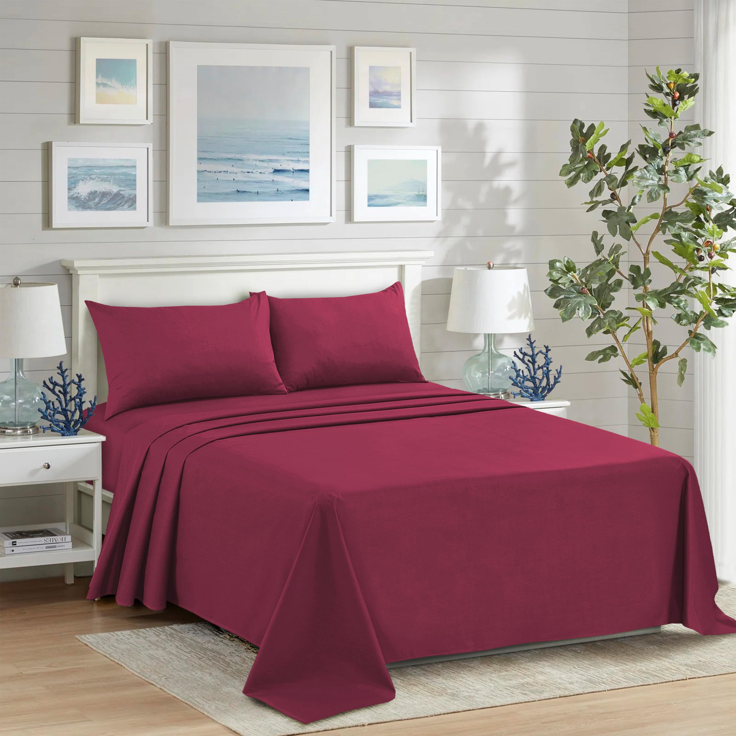 HADI LONDON Polycotton Flat Sheets for Single Double King Size Bed Softest Anti Wrinkle Non-Iron Plain Dyed Top Sheet with 200 Thread Count Ideal for Winter & Summer Bedding (Burgundy, Double)