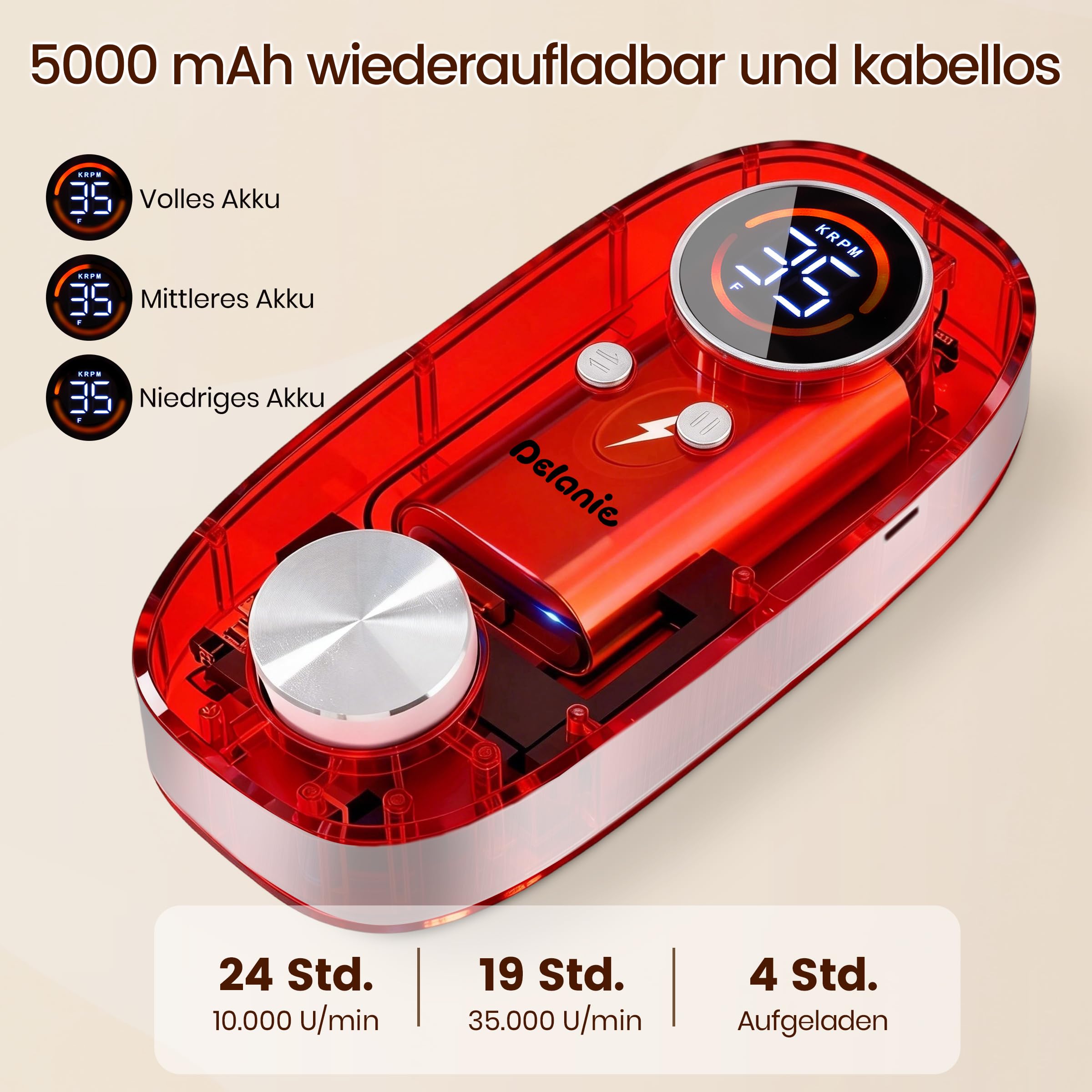 Delanie elektrische Nagelfräser für Gelnägel 35000 U/min, wiederaufladbar Fräser für Nägel mit 5000 mAh Akku, tragbarer Nagelfräser professionell mit kernlosem Motor für Maniküre und Pediküre, rot