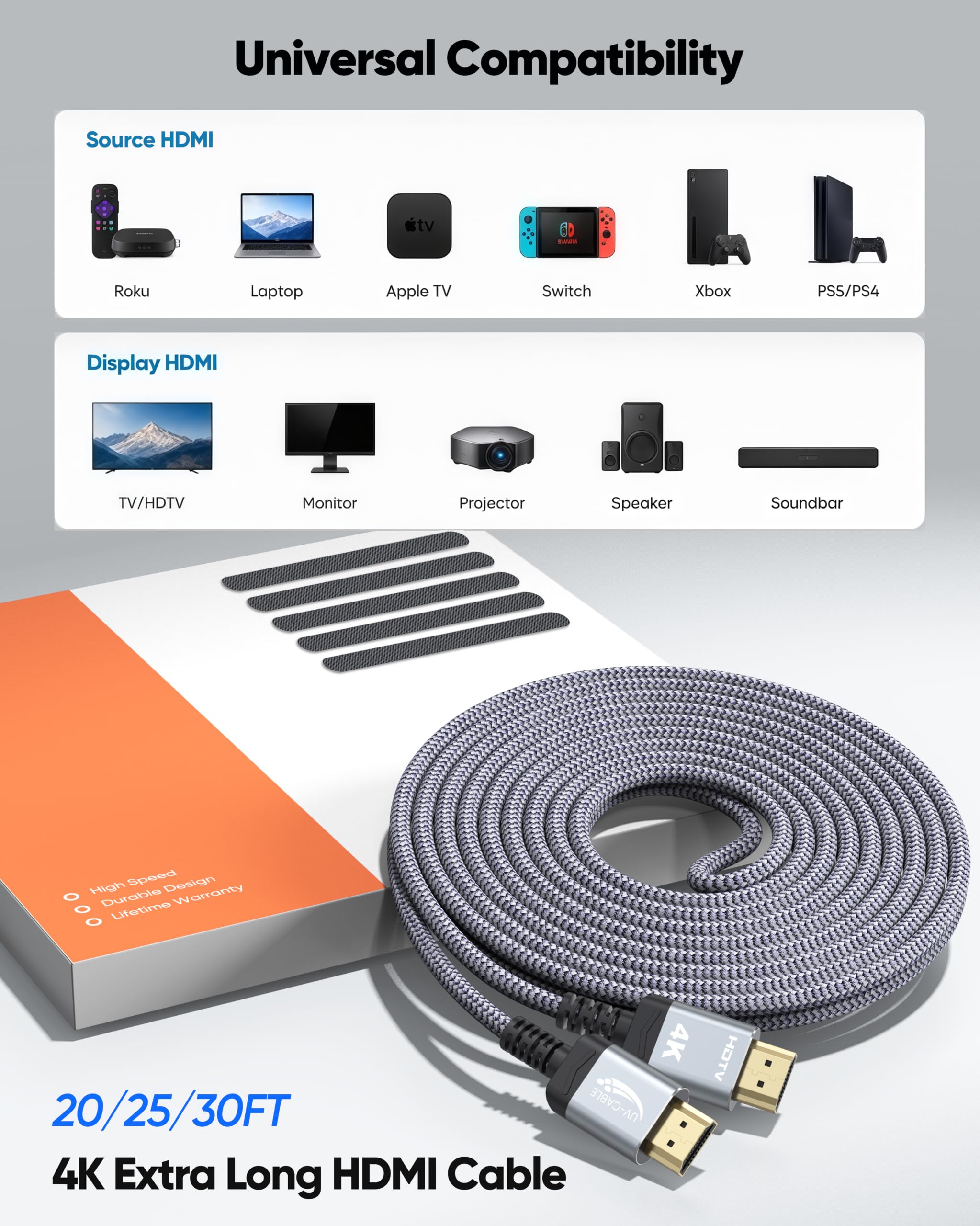 Cavi HDMI lunghi 6 m, ad alta velocità, sottile, HDMI 2.0, certificato CL3, in nylon intrecciato (fascetta riutilizzabile x 5) con 3D, HDR, ARC/eARC per HDTV, proiettore, TV, monitor, computer, casa
