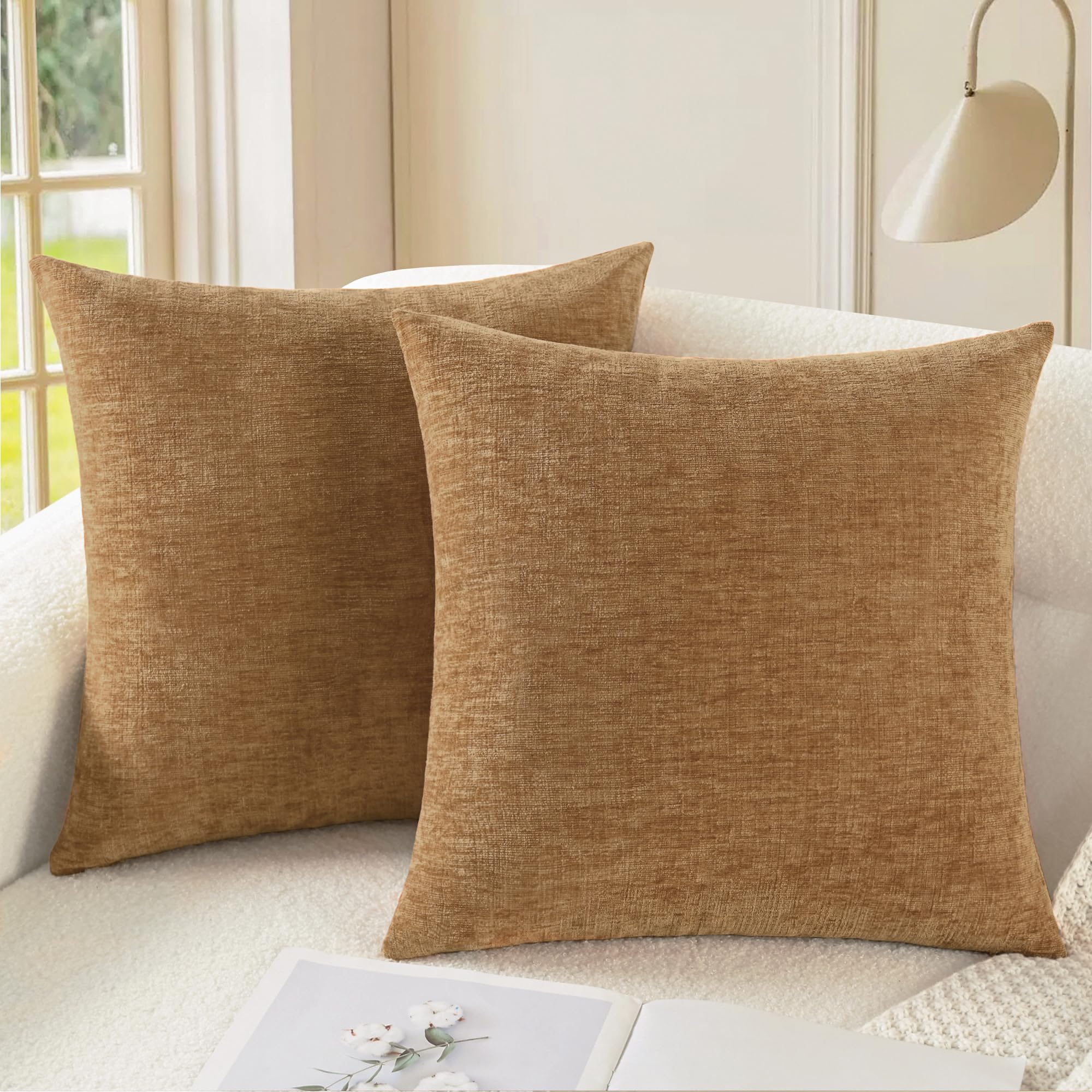 CaliTime Pack of 2 Cozy Throw Pillow Covers Cases for Couch Sofa Home Decoration Solid Dyed Soft Chenille 66 x 66cm Apricot Brown