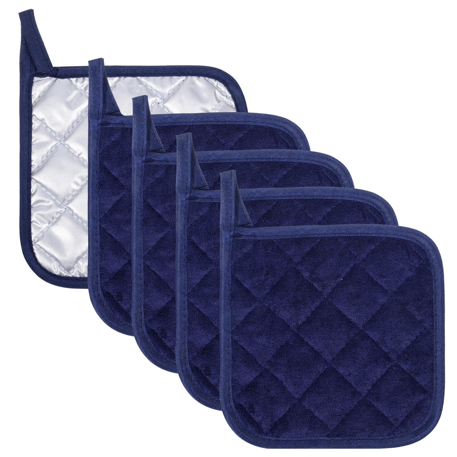 5 PCS Potholders Heat Resistant, Oven Square Pot Holders for Kitchen, Thick Hot Pads Mat Holder For Kitchens Cooking, Baking, Grilling (Navy Blue)
