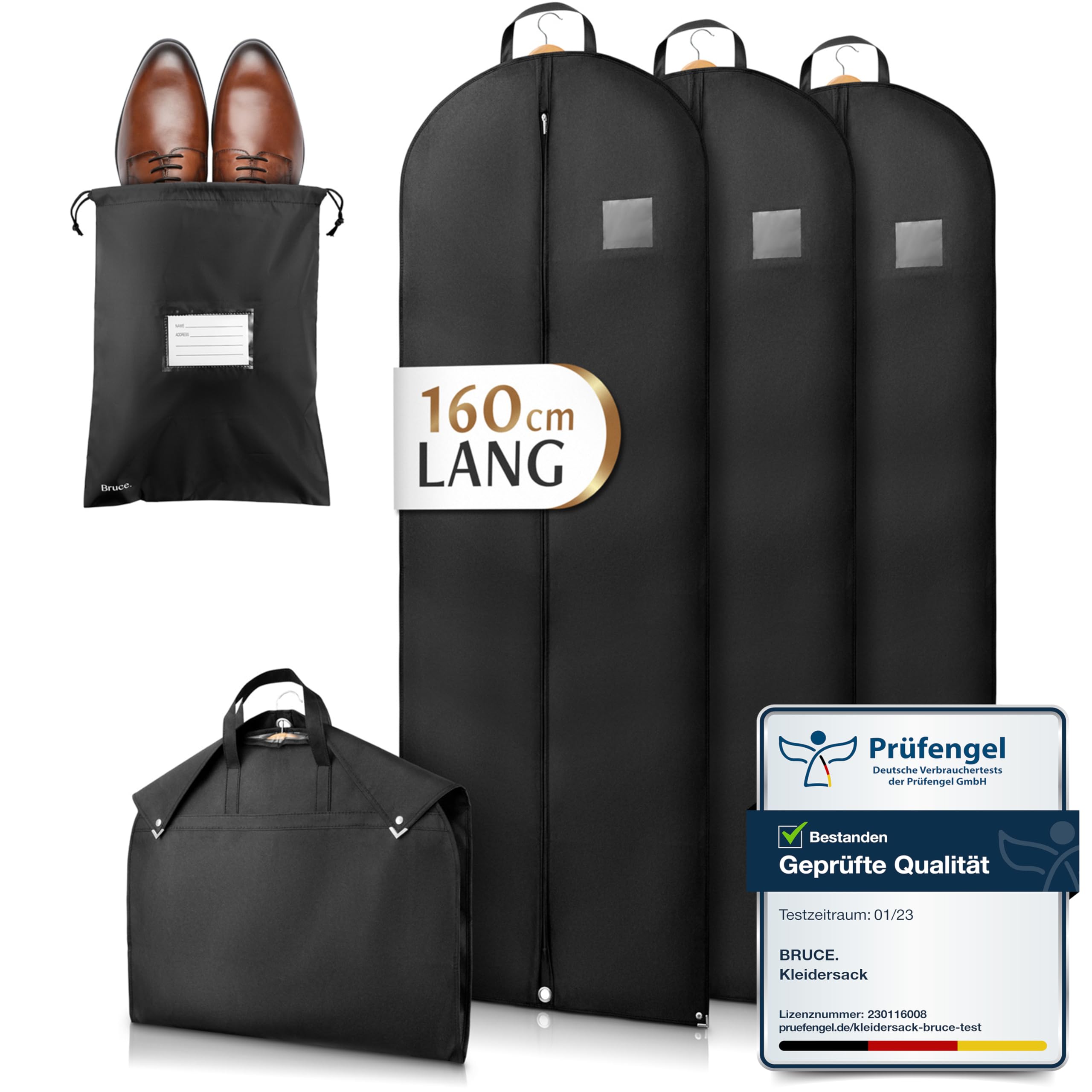 Bruce.® 3x Premium Garment Bags 160x60cm with 1x Shoe Bag, Breathable Clothes Cover for Suits, Dresses, Coats & Jackets, 120 GSM Heavy-Duty Material Perfect for Travel & Wardrobe Storage Bag