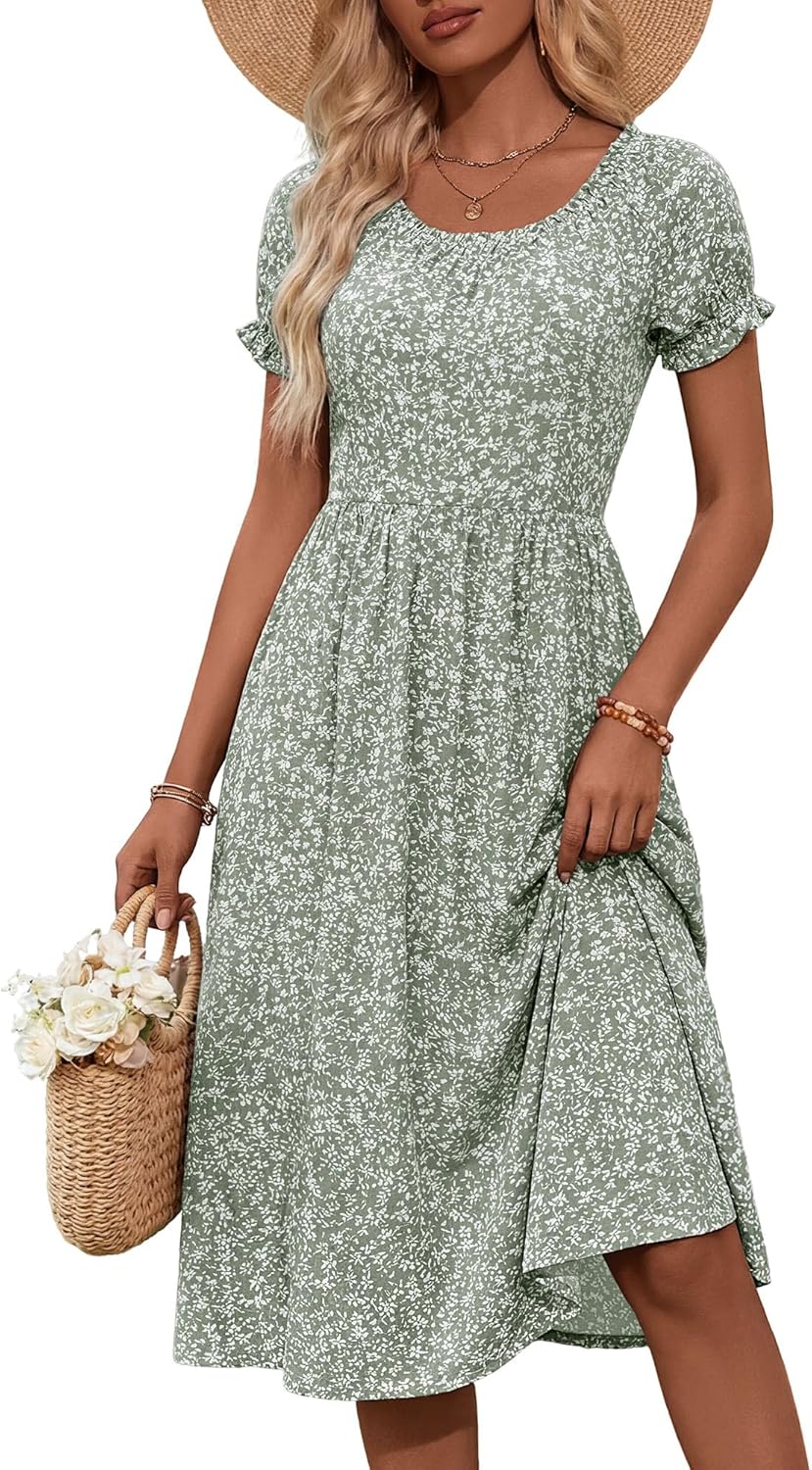 HUHOT Women Summer Floral Midi Sundress with Puff Sleeves Sretchy Crew Neck with Pockets 2026