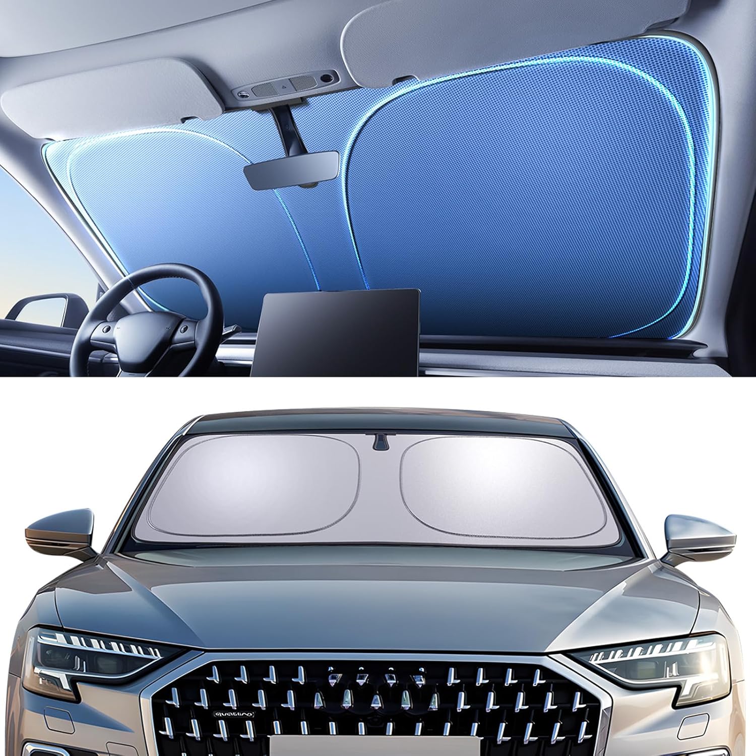 Windshield Sun Shade for Fit BMW X5 2019-2025 Foldable Sunshade with Titanium Silver & Ice Blue Layer, UPF50+ Car Window Shade​