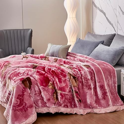 Miniatura 5 de Manta cálida de felpa de forro polar de invierno de 55 x 75 pulgadas, sedosa suave y cálida, 2 capas reversibles Raschel rosa rosa, 150 × 78.7 in