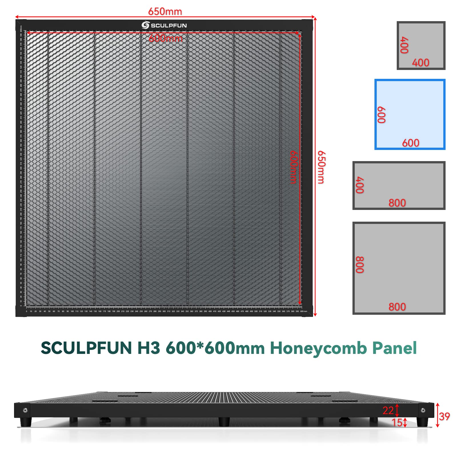 SCULPFUN Laser Honeycomb 600 X 600 mm, tavolo a nido d'ape laser per macchina per incisione laser e taglierina laser con 6 clip metalliche a forma di T + 6 graffette metalliche forti